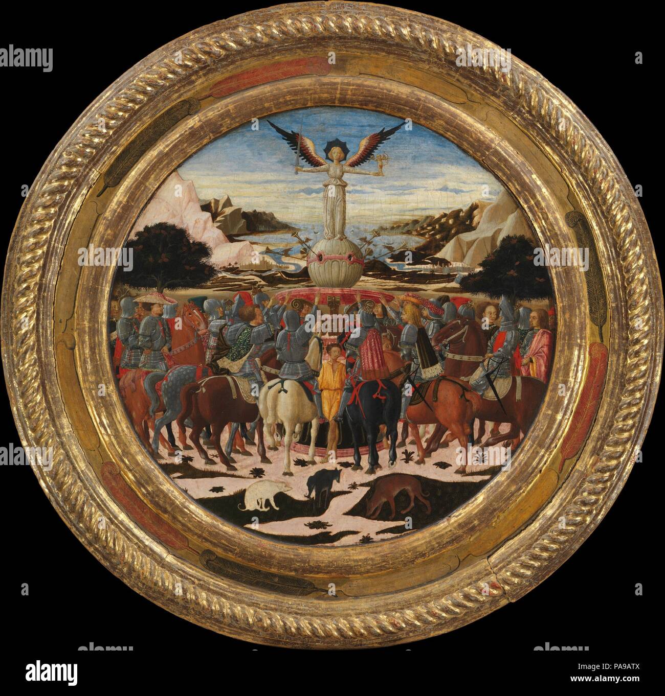 Il Trionfo della Fama; (retromarcia) Impresa della famiglia dei Medici e dei bracci dei medici e famiglie Tornabuoni. Artista: Giovanni di ser Giovanni Guidi (chiamato Scheggia) (italiano, San Giovanni Valdarno Firenze 1406-1486). Dimensioni: complessivamente, con telaio impegnato, diametro 36 1/2 in. (92,7 cm); recto, superficie dipinta, diametro 24 5/8 in. (62,5 cm); verso, superficie dipinta, diametro 29 5/8 in. (75,2 cm). Data: ca. 1449. Questa nascita commemorativa vassoio (<i>desco da parto</i>) celebra la nascita di Lorenzo de' Medici (1449-1492), il più celebre dominatore della sua giornata come pure un poeta importante e una m Foto Stock