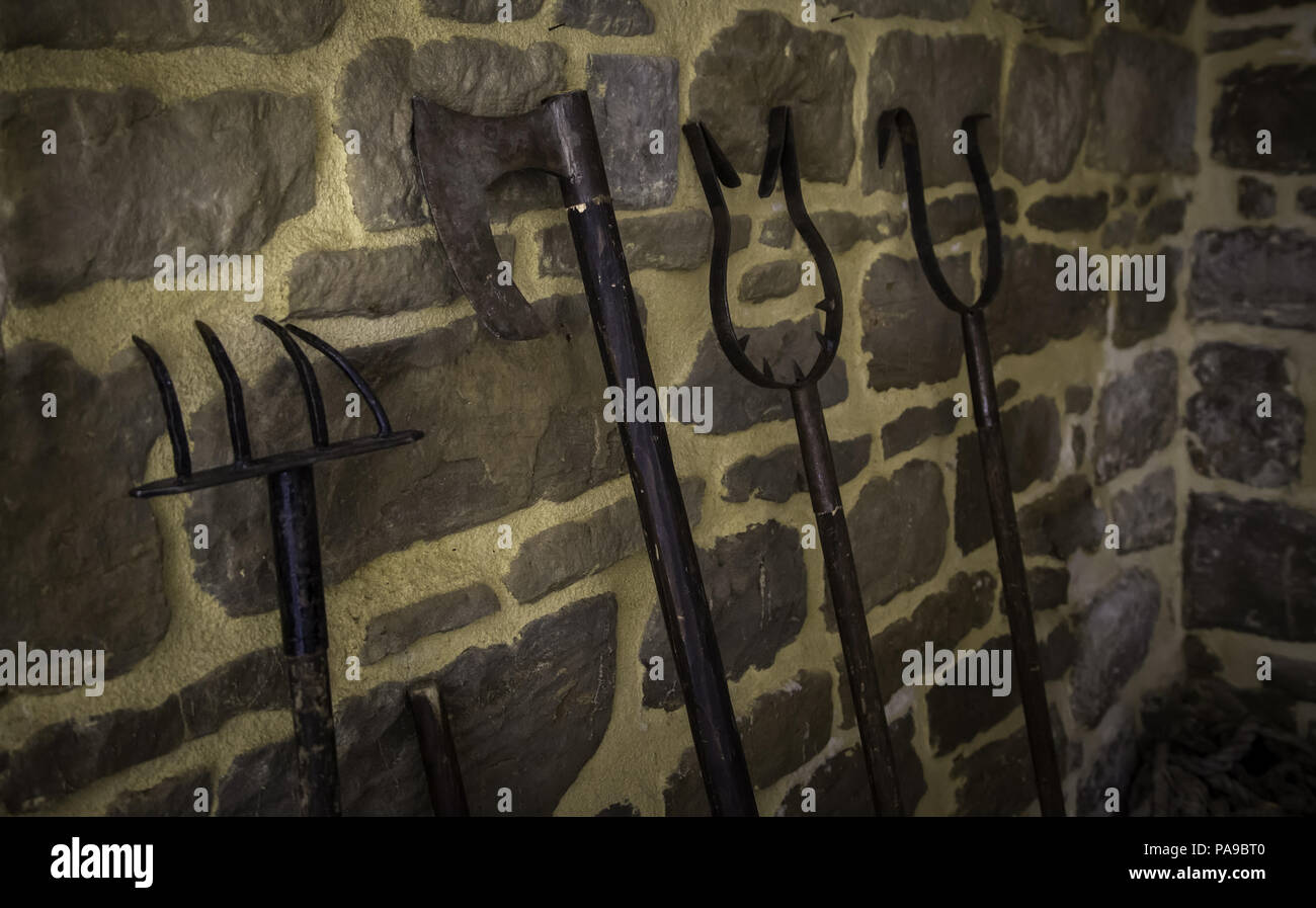 Antichi strumenti di tortura, la tortura dettaglio dell'Inquisizione Foto Stock