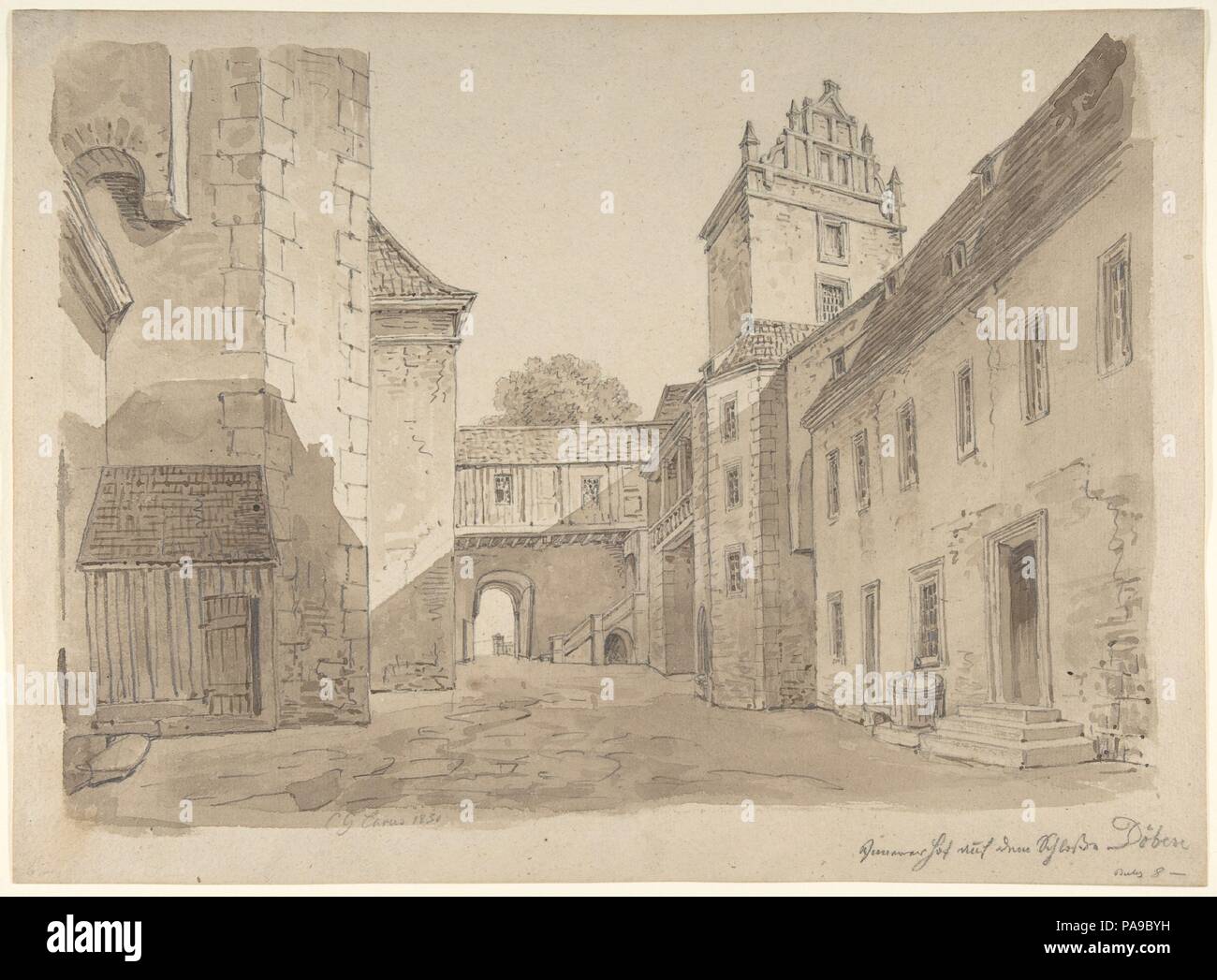 Vista del cortile del castello di Döben. Artista: Carl Gustav Carus (tedesco, Leipzig 1789-1869 Dresda). Dimensioni: foglio: 11 1/16 x 15 3/16 in. (28,1 x 38,5 cm). Data: 1800-1869. Museo: Metropolitan Museum of Art di New York, Stati Uniti d'America. Foto Stock