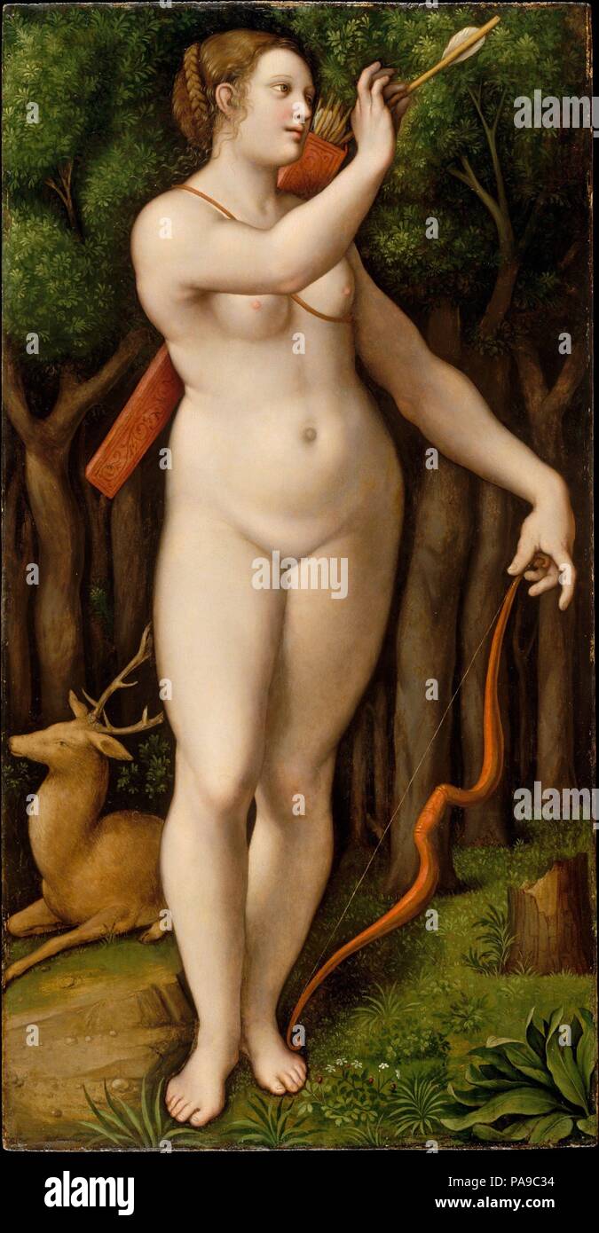 Diana cacciatrice. Artista: Giampietrino (Giovanni Pietro Rizzoli) (italiano, Milanese, attivo da ca. 1495-morto 1553). Dimensioni: 44 7/8 x 23 1/4 in. (114 x 59,1 cm). Giampietrino era tra i più fedeli allievi Milanese di Leonardo da Vinci. Questa immagine che mostra la dea della caccia disegnare una freccia, è ispirato da uno di una famosa serie di incisioni progettata dal fiorentino Rosso Fiorentino (1494-1540) e del 1526. Può essere che una volta appeso al fianco di altri tre a lunghezza piena immagini permanente delle dee. Museo: Metropolitan Museum of Art di New York, Stati Uniti d'America. Foto Stock