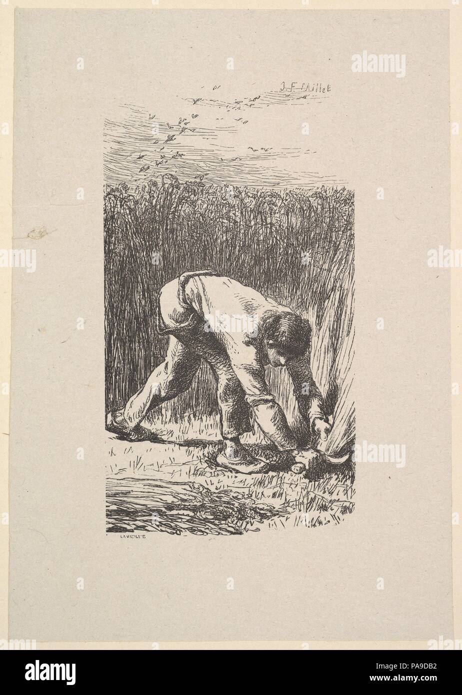 Il Mietitore. Artista: progettato da Jean-François Millet (Francese, 1814-1875 Gruchy Barbizon); incisi da Jacques-Adrien Lavieille (Francese, 1818-1862). Dimensioni: blocco: 5 5/16 x 2 15/16 in. (13,5 x 7,5 cm). Data: 1853. Museo: Metropolitan Museum of Art di New York, Stati Uniti d'America. Foto Stock