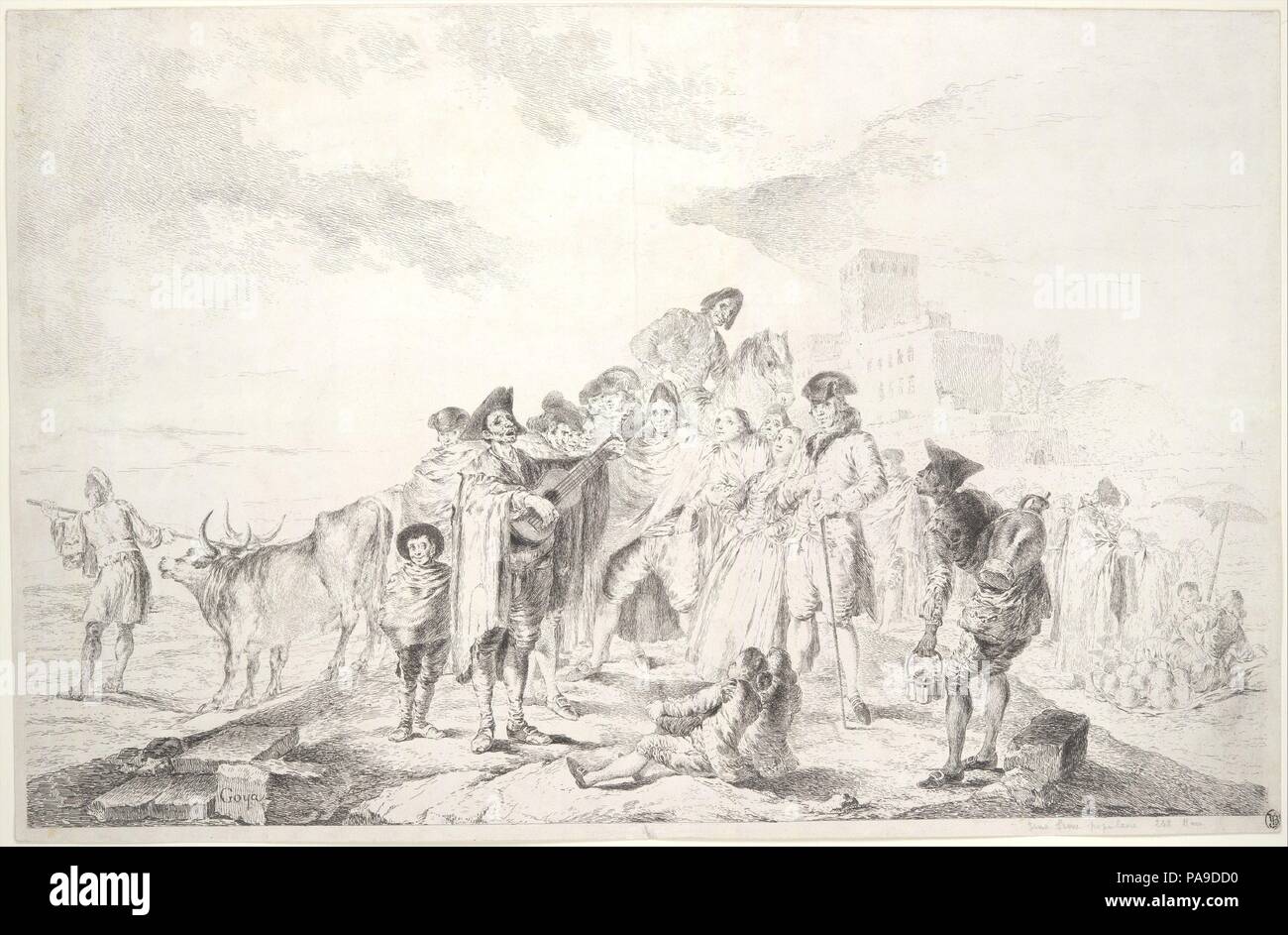 Il chitarrista cieco (El Ciego de la guitarra). Artista: Goya (Francisco de Goya y Lucientes) (Spagnolo, 1746-1828 Fuendetodos Bordeaux). Dimensioni: foglio: 14 a. × 21 5/8 in. (35,5 × 55 cm). Data: ca. 1778. Nella primavera del 1778 Goya ha presentato un olio cartoon depcting ciechi guitatist al Royal fabbrica di arazzi di Santa Barbara a Madrid per essere tessuto in un arazzo. A causa della complessità del progetto si è rivelato troppo difficile per i tessitori di interpretare e di alterazioni doveva essere fatto. Questo attacco - il suo più grande mai e la stampa solo dopo che una delle sue opere - è pensato per Foto Stock