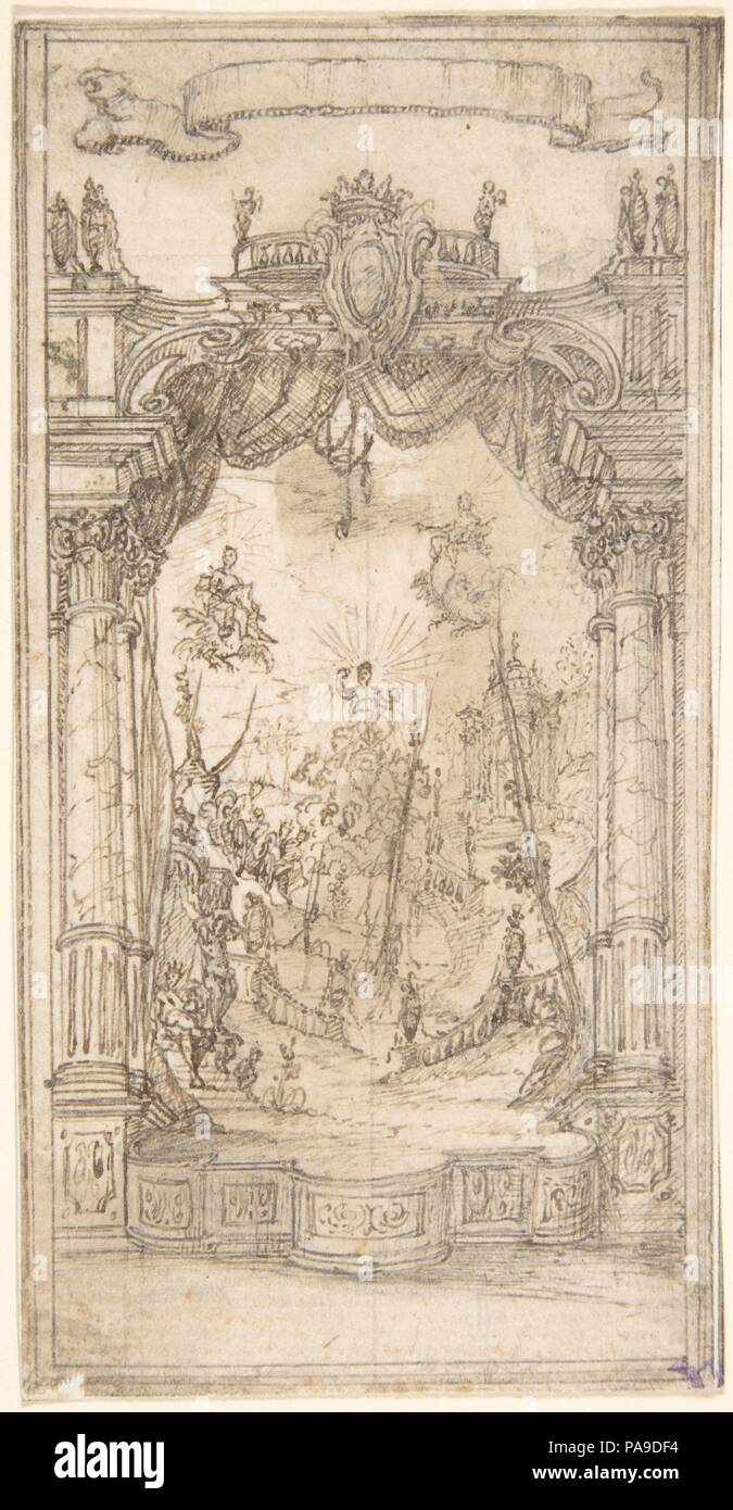 Design per una scenografia o illustrazione in una festa prenota con un fustellato scorrere sopra. Artista: Anonimo, Italiano, prima metà del XVIII secolo. Dimensioni: 5-3/8 x 2-11/16 in. (13,6 x 6,9 cm). Data: XVIII secolo. Museo: Metropolitan Museum of Art di New York, Stati Uniti d'America. Foto Stock