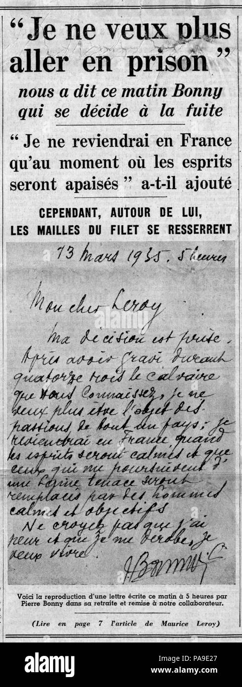 199 Pierre Bonny - Lettre - Paris-Soir - 14 mars 1935 Foto Stock
