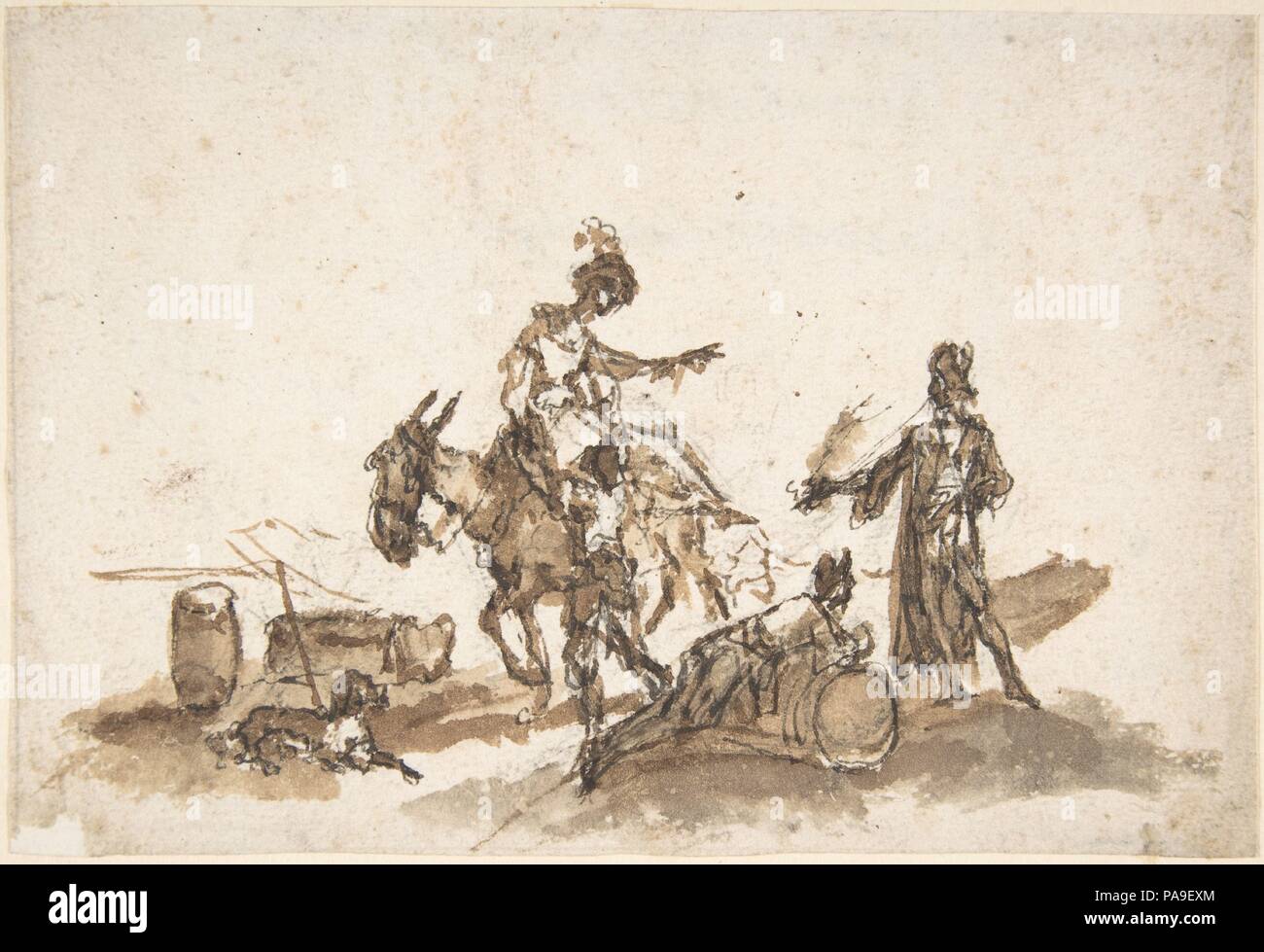 L'uomo ad assistere ad una donna di montare a cavallo, con altre due figure e un cane. Artista: attribuita a Giuseppe Bernardino Bison (italiano, Palmanova 1762-1844 Milano). Dimensioni: 4 1/2 x 6 5/8a. (11,4 x 16,8 cm). Data: 1762-1844. Museo: Metropolitan Museum of Art di New York, Stati Uniti d'America. Foto Stock