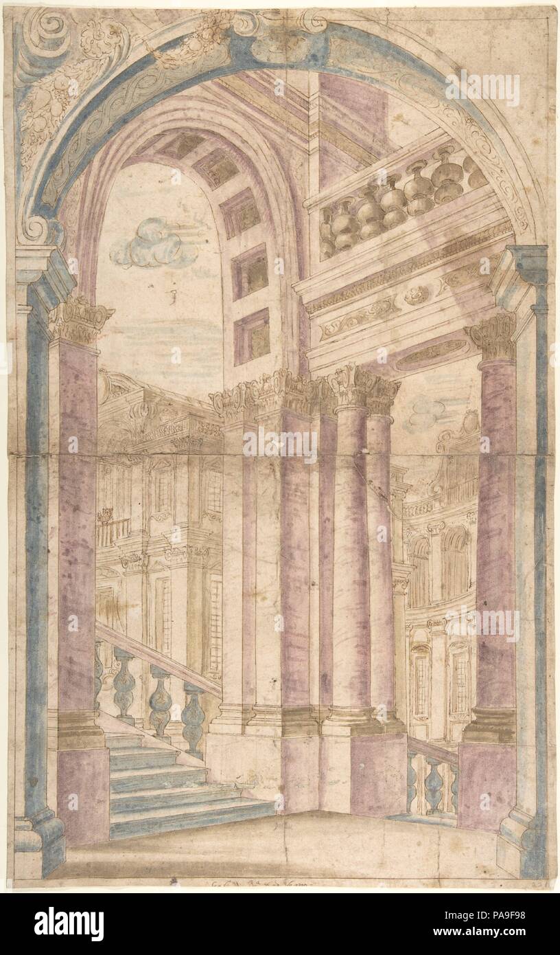 Design per una parete dipinta la decorazione: Prospettive architettoniche visto attraverso un arco. Artista: Anonimo, Italiano, piemontese del XVIII secolo. Dimensioni: foglio: 17 15/16 x 11 1/4 in. (45,5 x 28,5 cm). Data: 1700-1780. Museo: Metropolitan Museum of Art di New York, Stati Uniti d'America. Foto Stock