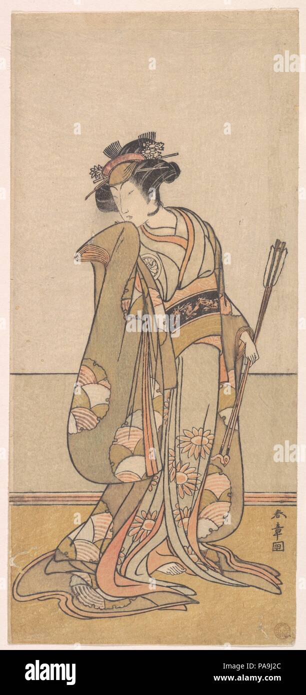 Il terzo Segawa Kikunojo come una donna che cammina verso destra. Artista: Katsukawa Shunsho (giapponese, 1726-1792). Cultura: il Giappone. Dimensioni: 12 11/16 x 5 3/4 in. (32,2 x 14,6 cm). Data: 1774 o 1775. Museo: Metropolitan Museum of Art di New York, Stati Uniti d'America. Foto Stock