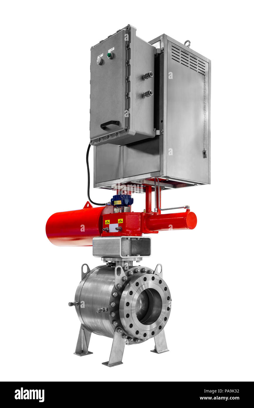 Distributore automatico comandato la valvola a sfera con chiusura a scatto per gas industriali o condotte di olio ad alta pressione con un isolato su sfondo bianco Foto Stock