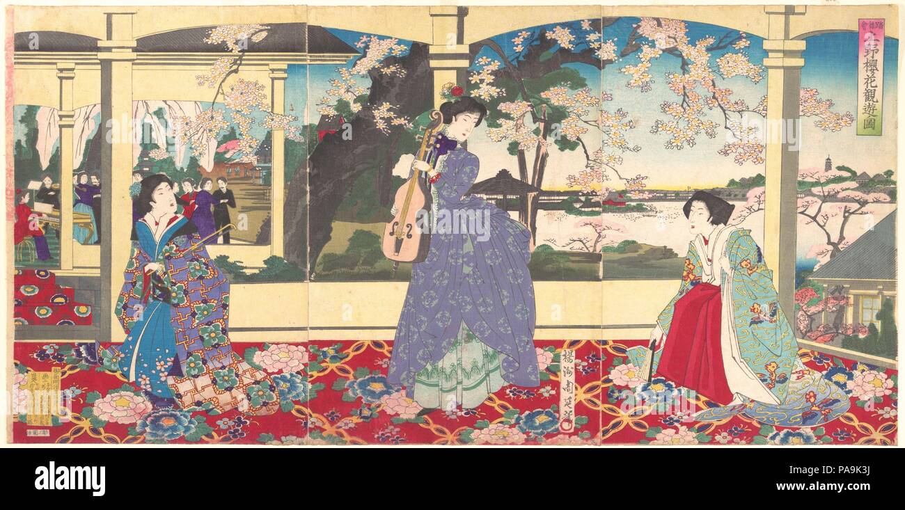 Una festa da ballo: godendo la fioritura dei ciliegi la visualizzazione a Ueno (Tobukai Ueno yuran oka no zu). Artista: Yoshu (Hashimoto) Chikanobu (giapponese, 1838-1912). Cultura: il Giappone. Dimensioni: Immagine: 14 a. × 28 1/4 in. (35,6 × 71,8 cm). Data: Marzo 1887. La scena è impostata alta su una collina nel Parco di Ueno affacciato sul laghetto di Shinobazu, nel famoso Seiyoken, uno del Giappone del primo occidentale ristoranti in stile. In primo piano un violinista femmina, la nuova donna di carriera, mostra con orgoglio la sua rara importate strumento come se si trattasse di trofeo. Con rose nel suo chignon e indossa una sinuosa trambusto, il violinista è dramma Foto Stock