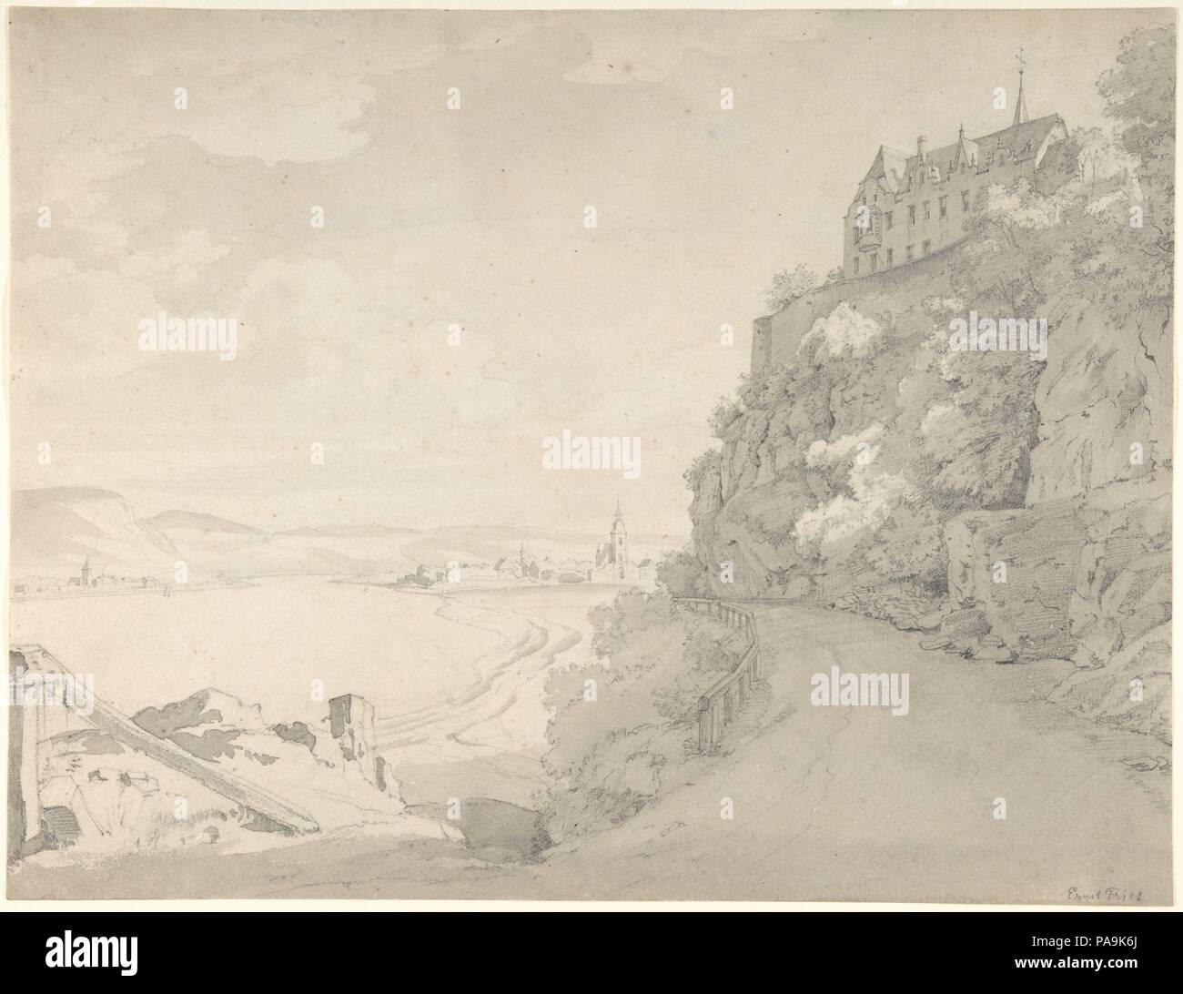 Vista sul Reno e Remagen da nord (?). Artista: Ernst Fries (tedesco, Heidelberg 1801-1833 Karlsruhe). Dimensioni: foglio: 11 1/4 x 14 11/16 in. (28,5 x 37,3 cm). Data: 1815-33. Museo: Metropolitan Museum of Art di New York, Stati Uniti d'America. Foto Stock