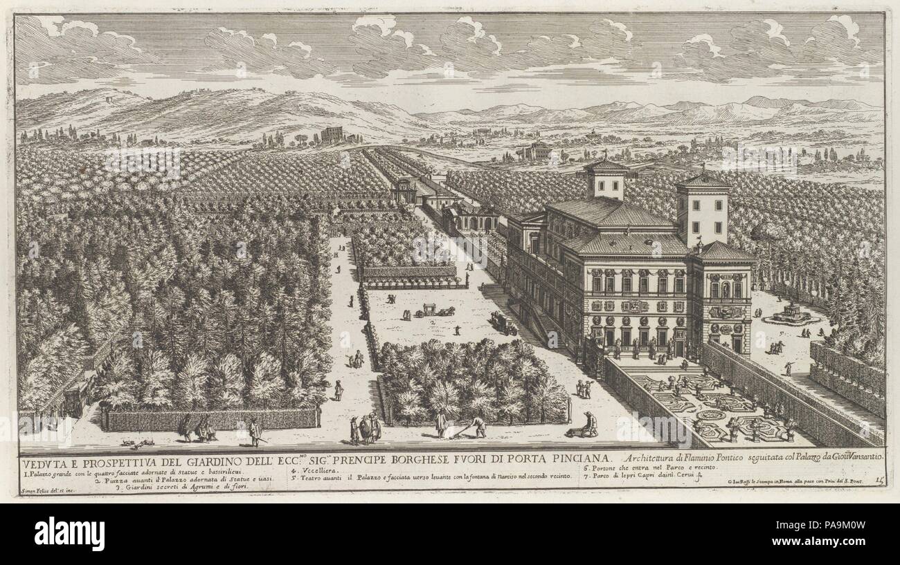Vista di Villa Borghese. Artista: Simon Felice (italiano, XVII secolo). Dimensioni: Piastra: 9 1/16 x 16 5/16 in. (23 x 41,5 cm) Prenota: 15 7/16 × 19 7/16 x 11/16 in. (39,2 × 49,4 × 1,7 cm). Editore: Giovanni Giacomo De Rossi (Italiano, Roma Roma 1627-1691). Data: dopo il 1677. In piedi al centro del parco del Pincio con una circonferenza di quasi quattro miglia, la Villa Borghese fu Roma finale del ritiro di intrattenimento. Oggi, come la Galleria Borghese ospita un'importante collezione di dipinti e sculture classiche. Commissionata dal cardinale Scipione Borghese, la villa fu Foto Stock