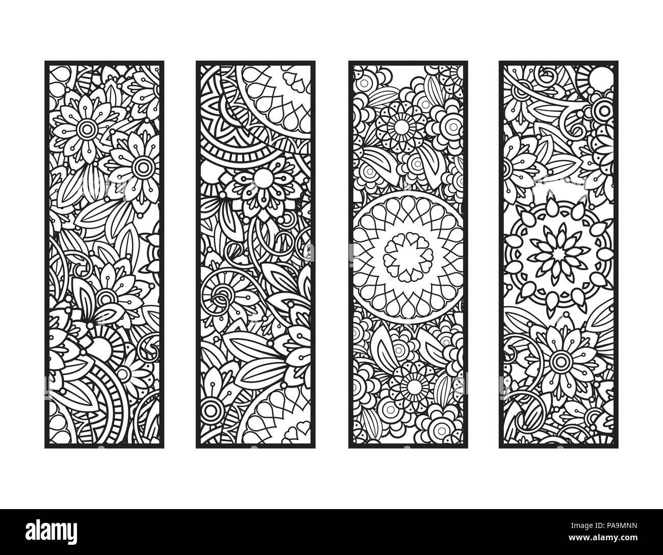 Set di quattro segnalibri in bianco e nero. Doodle fiori e ornamenti per adulto libro da colorare. Illustrazione Vettoriale. Illustrazione Vettoriale