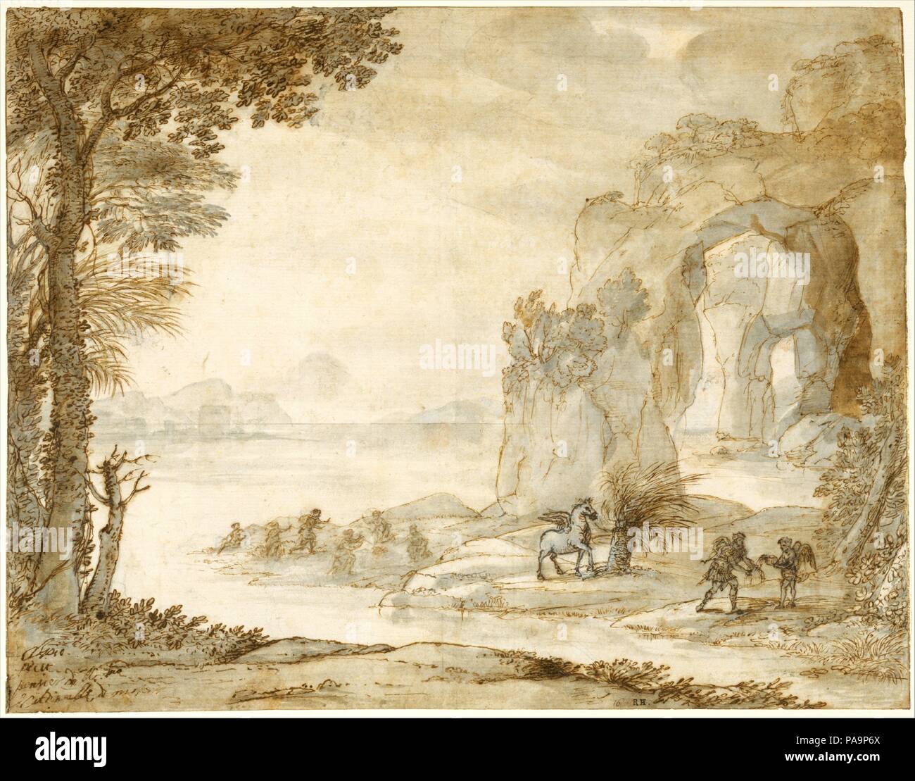 Perseo e l'origine del corallo. Artista: Claude Lorrain (Claude Gellée) (francese, Chamagne 1604/5?-1682 Roma). Dimensioni: 10 x 12 13/16 in. (25,4 x 32,5 cm). Data: ca. 1671. Il rappresentate raramente oggetto di Perseo e la provenienza di corallo è derivato dalle Metamorfosi di Ovidio. Questo disegno è uno dei sette noti studi preparatori per uno di Claude più importanti della fine dipinti: 'Coast vista con Perseo e l'origine del Corallo" (Collezione di coke, Holkham Hall, Norfolk), quattro delle quali raffigurano la intera composizione. Il dipinto fu commissionato dal suo patrono, Cardinale Camillo Massimi e execu Foto Stock