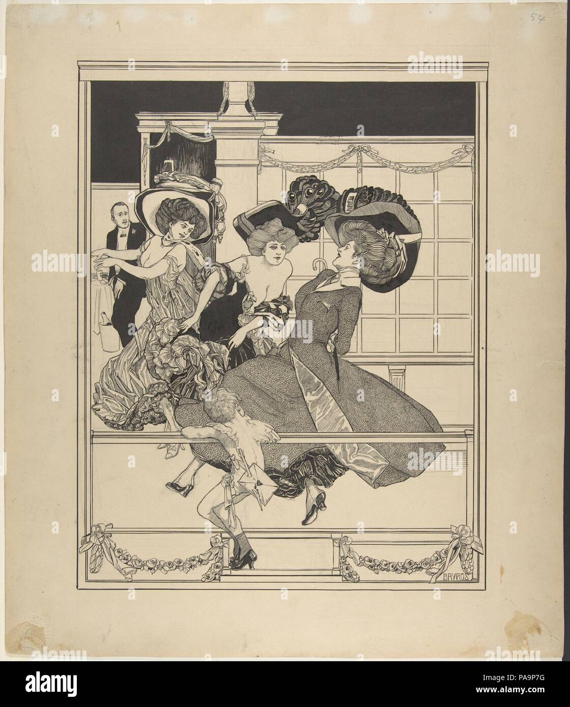 Danza tre donne in un ristorante guardato da Cupido. Artista: Franz von Bayros (austriaco, Zagabria 1866-1924 Vienna). Dimensioni: Immagine: 14 13/16 x 11 1/2 in. (37,6 x 29,2 cm) foglio: 18 1/4 x 15 11/16 in. (46,4 x 39,8 cm). Data: fine XIX-inizio XX secolo. Museo: Metropolitan Museum of Art di New York, Stati Uniti d'America. Foto Stock