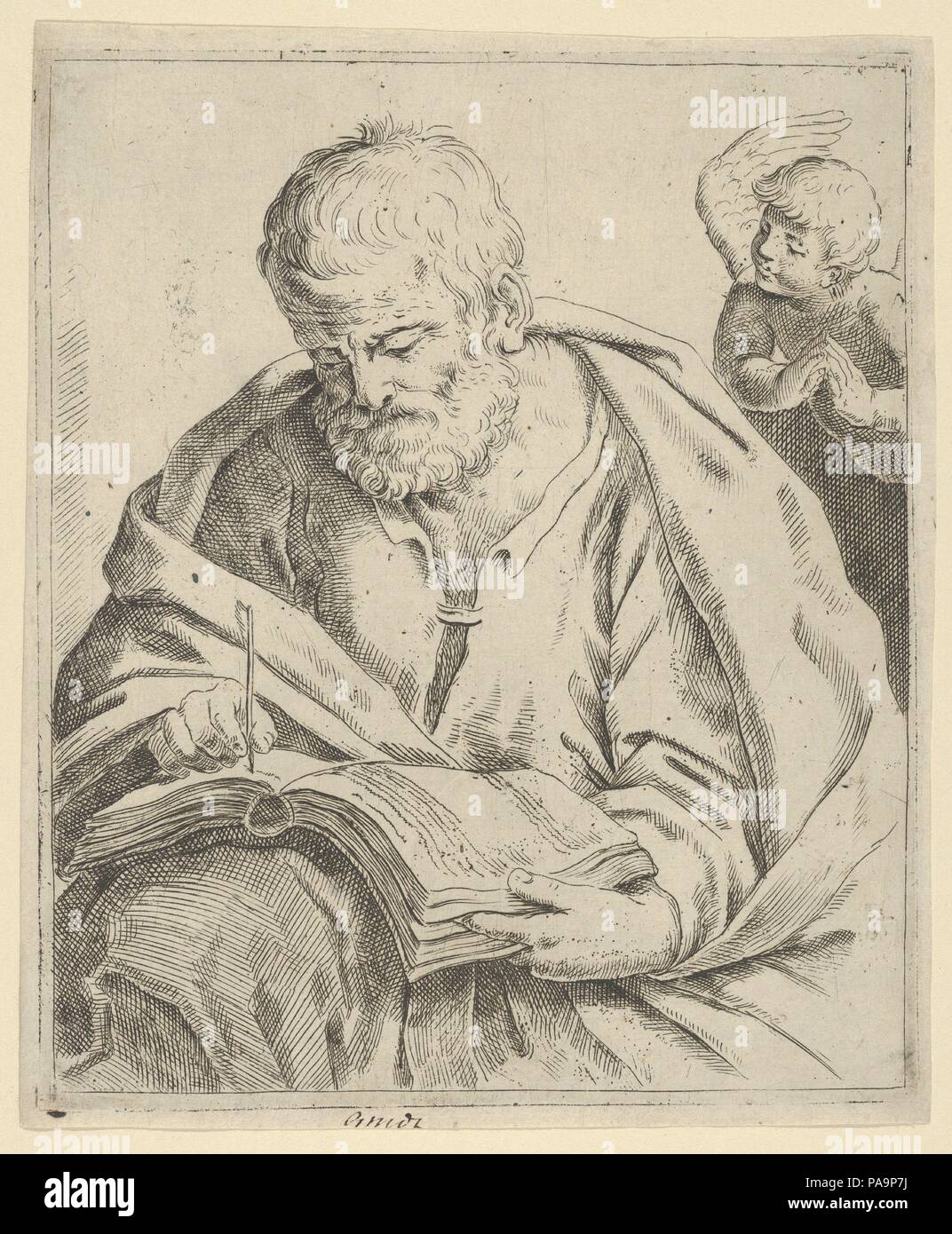 Il vecchio uomo seduto e iscritto in un libro, un angelo a destra guardando sopra la sua spalla, dopo Reni (?). Artista: Anonimo; dopo (?) Guido Reni (italiano, Bologna 1575-1642 Bologna). Dimensioni: Foglio (rifilati): 7 11/16 × 6 1/2 in. (19,6 × 16,5 cm). Data: del xvii secolo. Museo: Metropolitan Museum of Art di New York, Stati Uniti d'America. Foto Stock