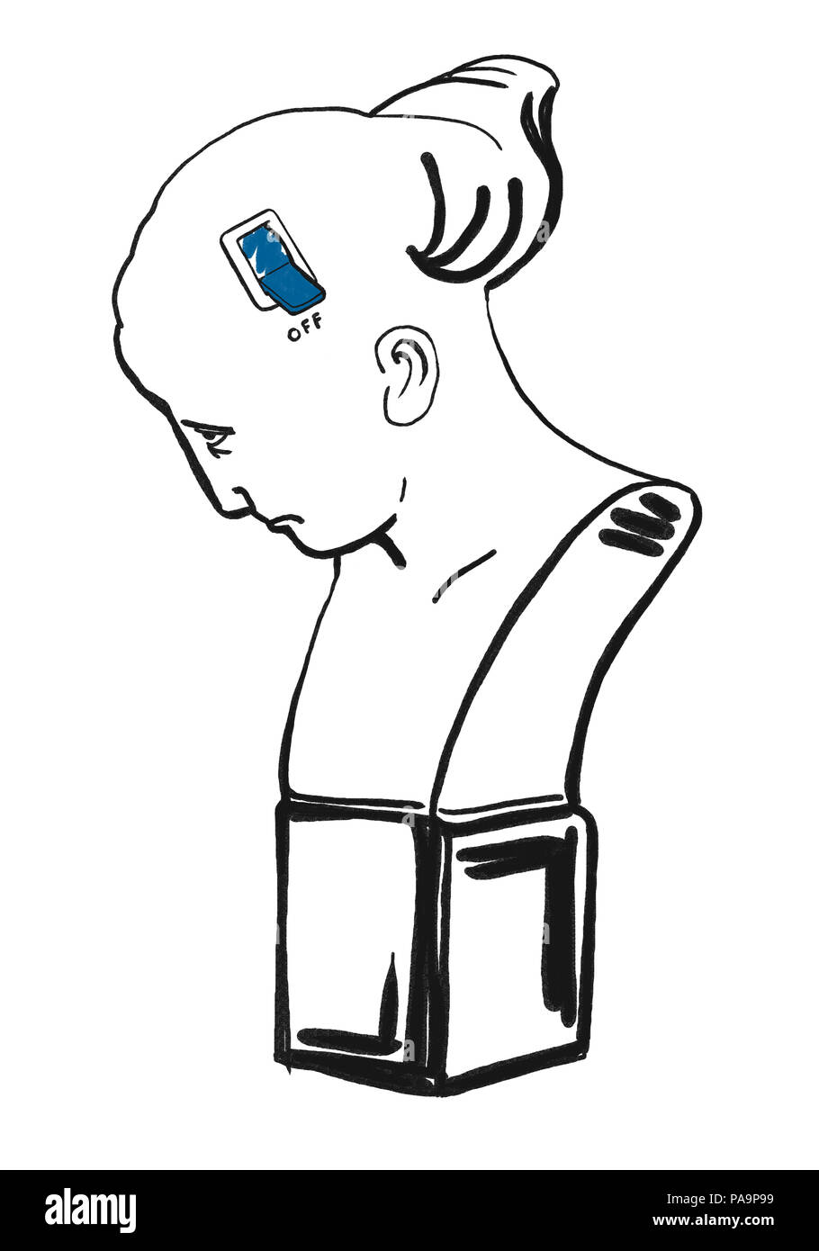 La depressione. Conceptual premere Illustrazione del disturbo depressivo maggiore. Metafora visiva mostra una donna con depressione umore e debolezza. Styl minimalista Foto Stock