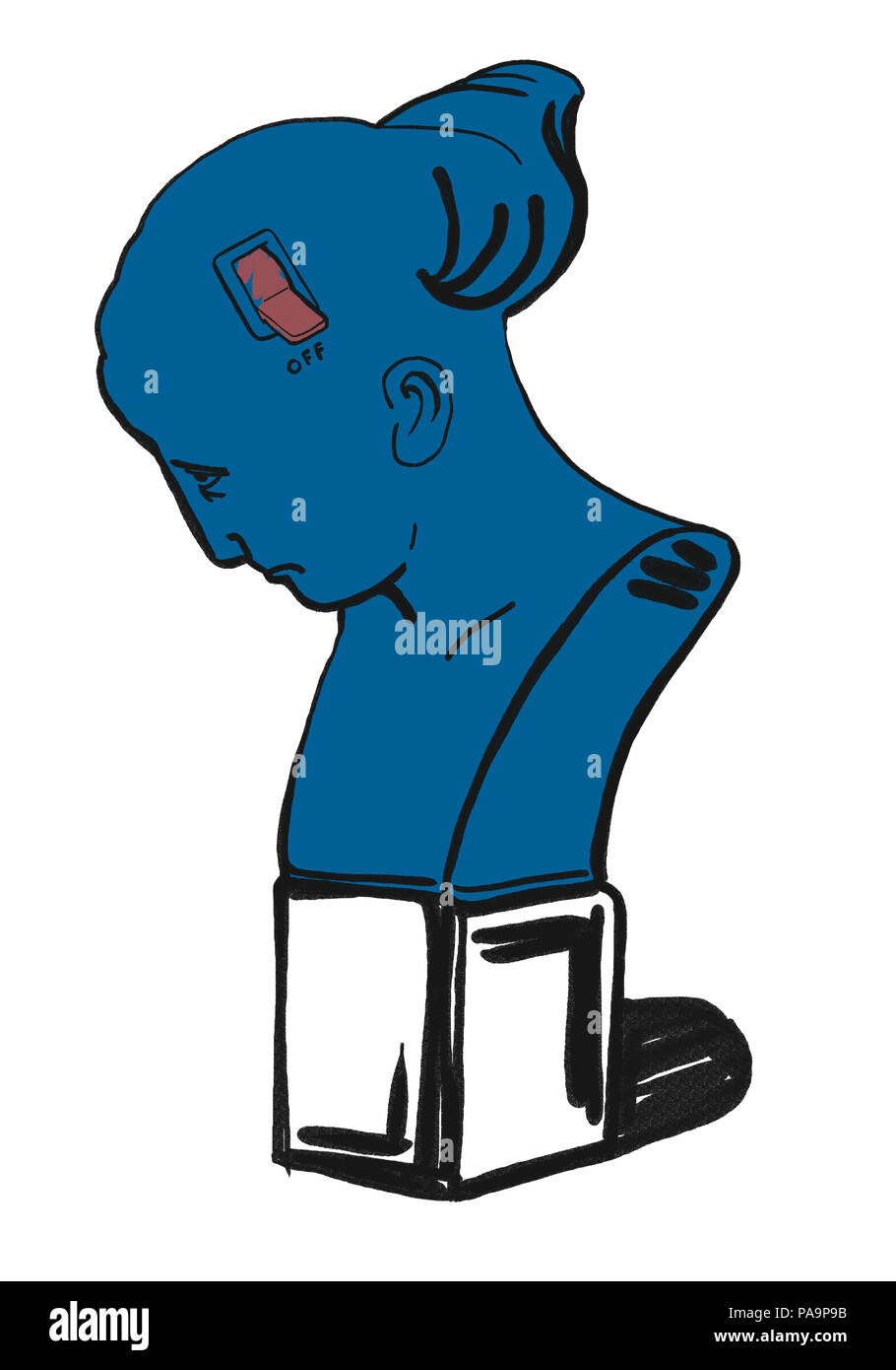 Umore depressivo disturbo. Salute mentale e psicologia malattia. Visivo e concettuale metafora dell'umore indica premuto e debole donna. Stile minimalista. Foto Stock