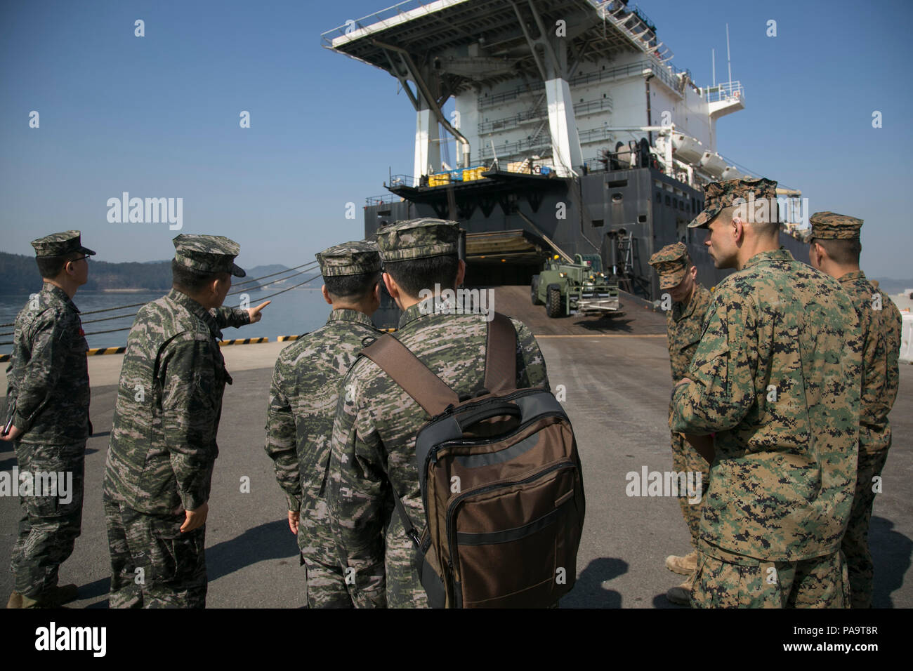 Repubblica di Corea e gli Stati Uniti Marines visualizza l'offload dell'USNS Williams, nel Gwangyong seaport, Repubblica di Corea, 3 marzo 2016. Dopo, essi tourned l'interno del recipiente durante l'esercizio Ssang Yong 16. Ssang Yong è una biennale esercitazione militare incentrato sul rafforzamento dello sbarco della capacità della Repubblica di Corea, Stati Uniti, Nuova Zelanda e Australia. (U.S. Marine Corps photo by MCIPAC Fotocamera di combattimento Cpl. Allison Lotz/rilasciato) Foto Stock