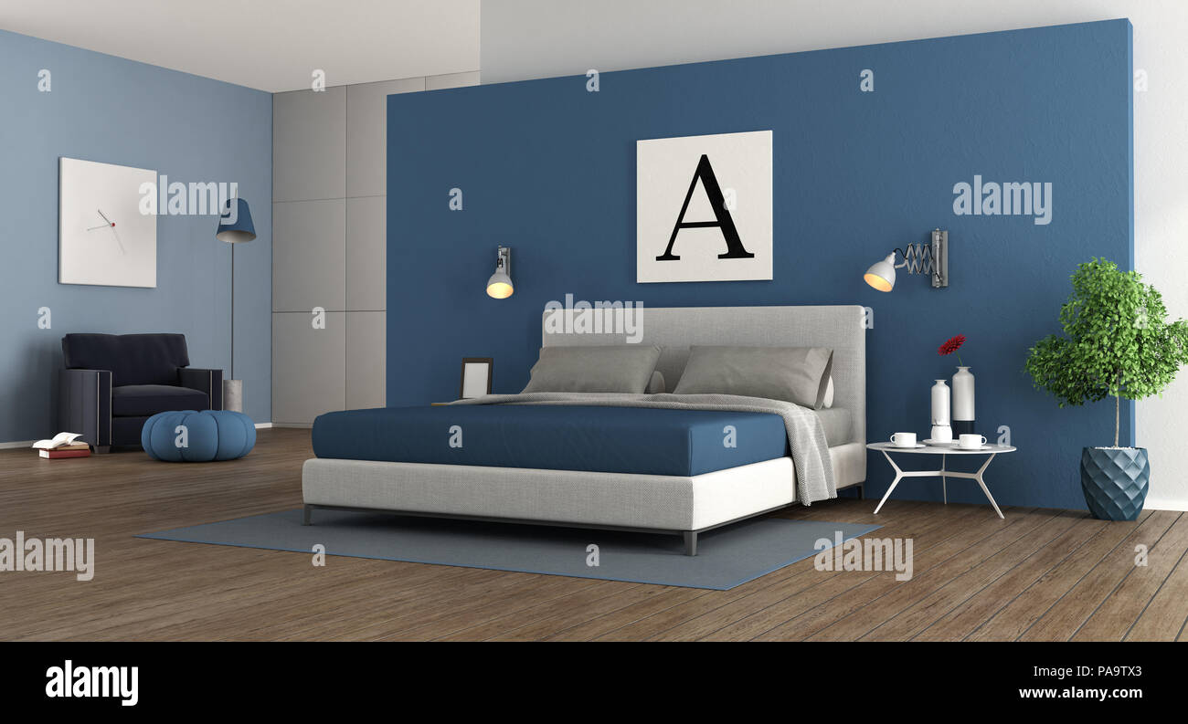 Blue moderna camera da letto padronale con letto matrimoniale.armadio e poltrona - 3d rendering Foto Stock
