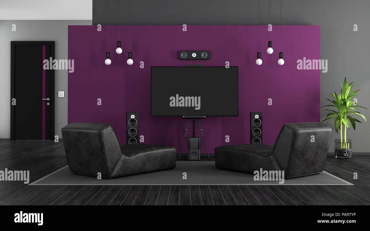 Nero e viola con chaise longue e il sistema di home cinema - il rendering 3D Foto Stock