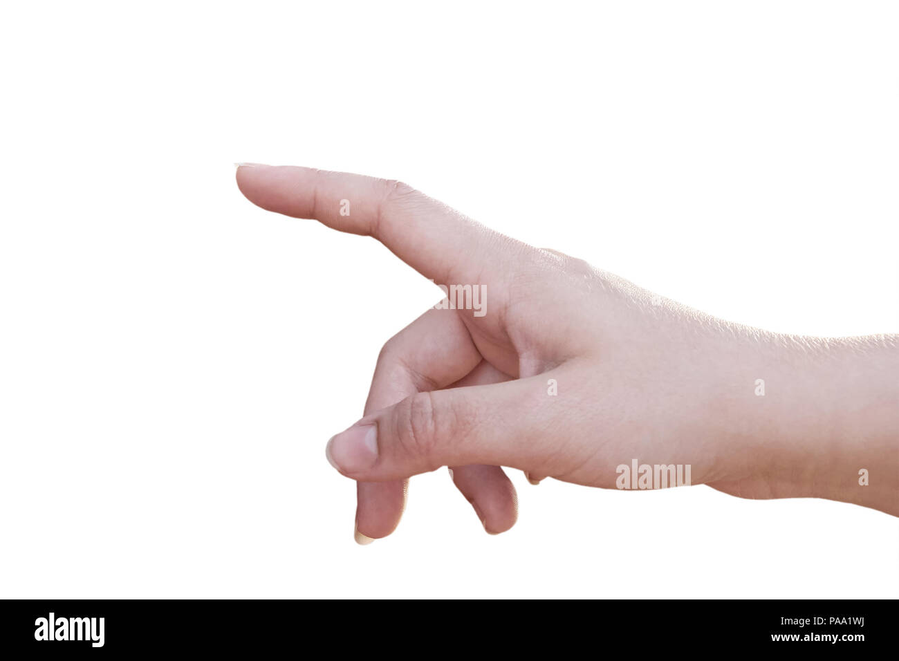 Femmina di mano con il dito puntato o toccando - isolato su sfondo bianco Foto Stock