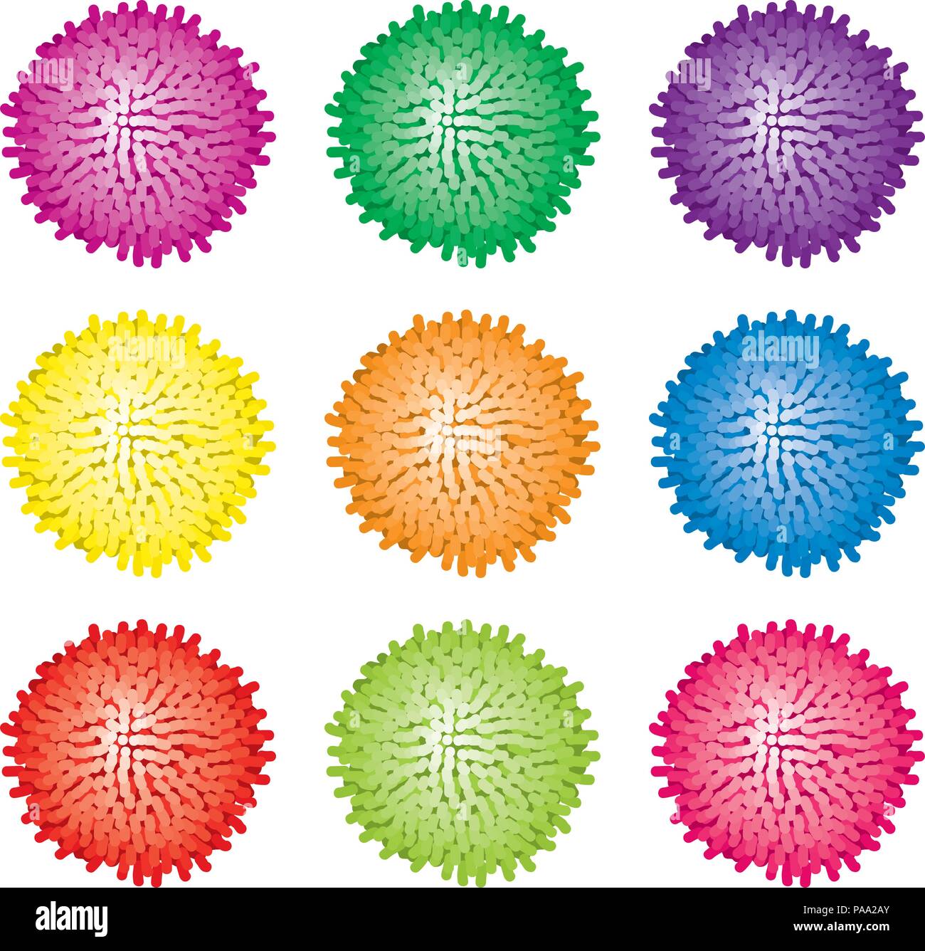 Set di vettore di coloratissimi pom pom. fur fluffy sfere isolati su sfondo bianco. compleanno pompom decor e design. raccolta di pompons superiori decorativi Illustrazione Vettoriale