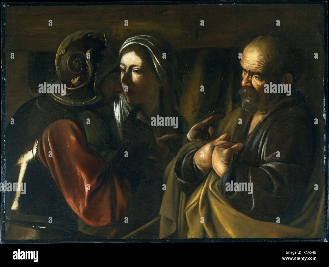 La negazione di San Pietro. Artista: Caravaggio (Michelangelo Merisi) (italiano, Milano o Caravaggio 1571-1610 Porto Ercole). Dimensioni: 37 x 49 3/8 in. (94 x 125,4 cm). Data: 1610. Caravaggio è opera tarda dipendono per il loro effetto drammatico sul brillantemente illuminati in piedi in contrasto con uno sfondo scuro. L'immagine, una meraviglia di narrativa concisione, fu dipinta negli ultimi mesi di Caravaggio tempestoso della vita e segna una fase di estrema nel suo stile rivoluzionario. In piedi davanti a un caminetto, Pietro è accusato di essere un seguace di Gesù. Il dito del soldato e due dita di th Foto Stock