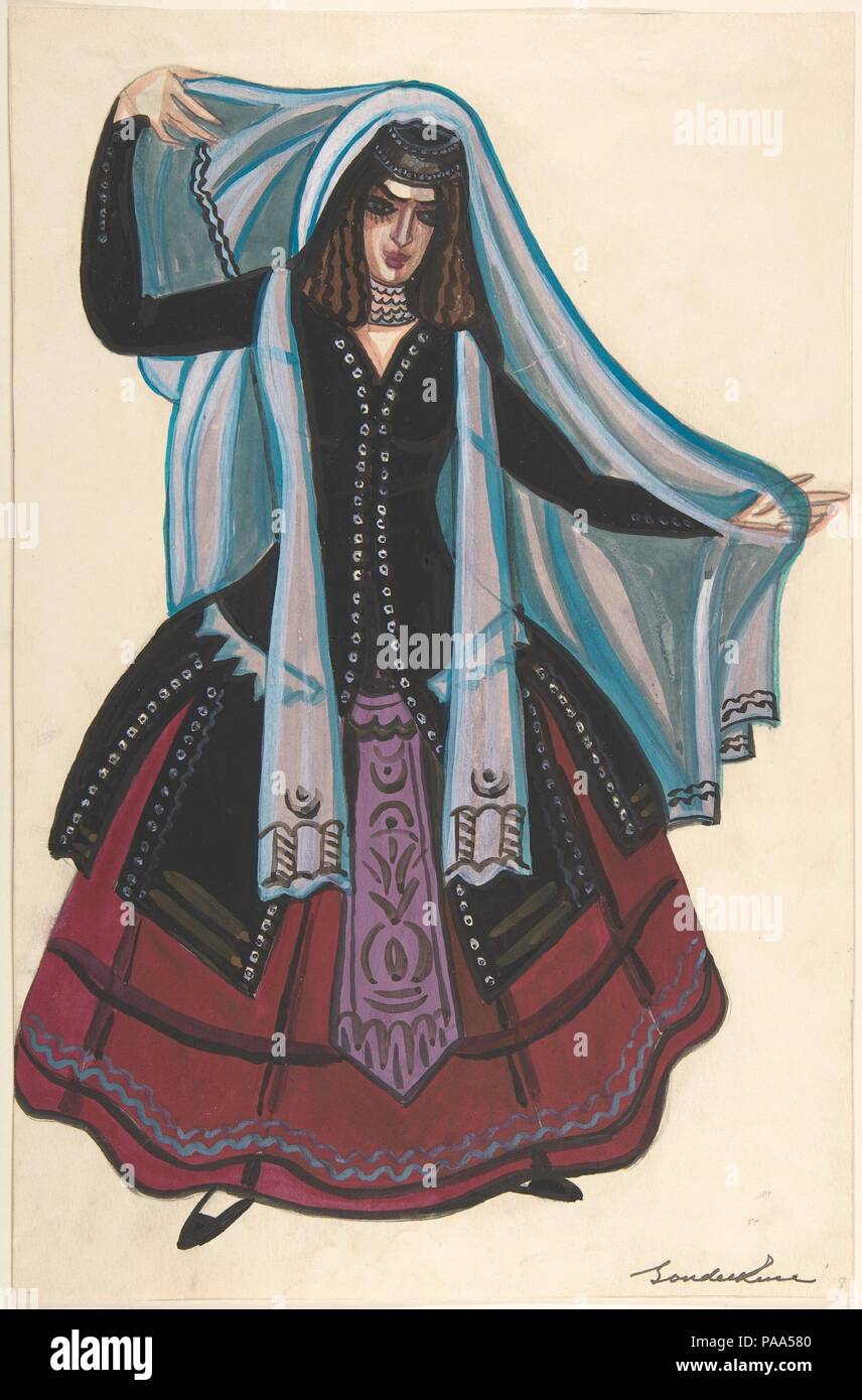 Donna in costume arabo. Artista: Sergey Sudeykin (Russo, Smolensk Nyack 1882-1946). Dimensioni: foglio: 14 13/16 x 9 11/16 in. (37,7 x 24,6 cm). Data: prima metà del XX secolo. Design per una femmina rosso costume arabo, uno di 34 disegni dei costumi per N. Evreinoff gioco "La cosa principale', realizzata presso il Teatro di Guild, New York City, 1926. Il suo costume è costituito da un corpetto nero con bordi punteggiati e diversi pannelli lunghi oltre un lungo mantello rosso con strisce nere e un bordo violaceo. Un pannello di viola con motivi vegetali pende dalla parte anteriore della sua vita, e un foulard blu pende dal suo collo. Un altro Foto Stock