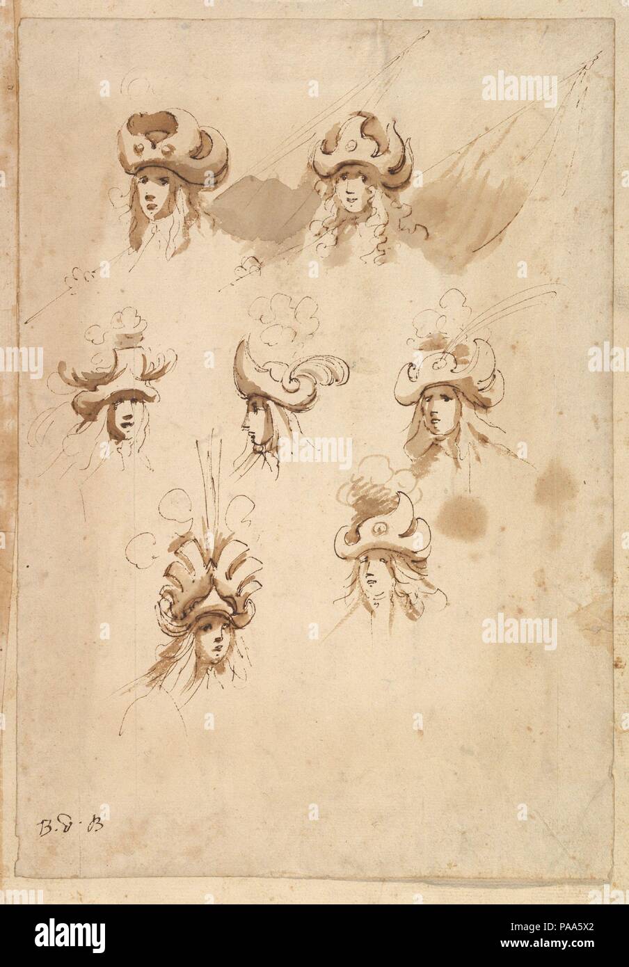 Sette progetti per cappelli. Artista: Baccio del bianco (italiano, Firenze  1604-1656 Escorial) (e workshop). Dimensioni: foglio: 13 3/8 x 9 1/4 in.  (34 x 23,5 cm). Data: ca. 1620-56. Foglio con sette