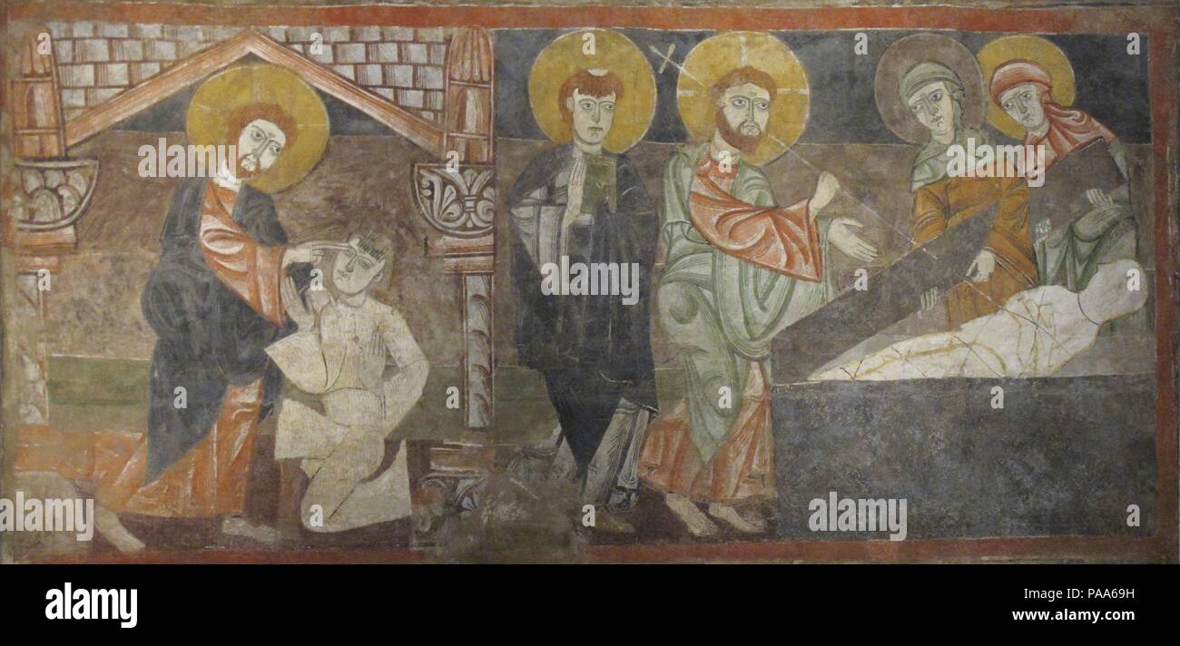 La guarigione del cieco e la resurrezione di Lazzaro. Cultura: Spagnolo. Dimensioni: complessivo: 65 x 134 a. (165,1 x 340.4 cm.). Data: prima metà del XII secolo (eventualmente 1129-34). La chiesa di San Baudelio nel nord di Castilla originariamente era decorata con un ciclo completo di dipinti murali raffiguranti scene della vita di Cristo al di sopra di una riga che illustrano scene di caccia e di vari animali esotici. Il Nuovo Testamento scene può essere ascritto a un maestro che ha lavorato sui dipinti a Santa Maria de Taüll, nella provincia di Lleida (Lérida). Museo: Metropolitan Museum of Art di New York, Stati Uniti d'America. Foto Stock