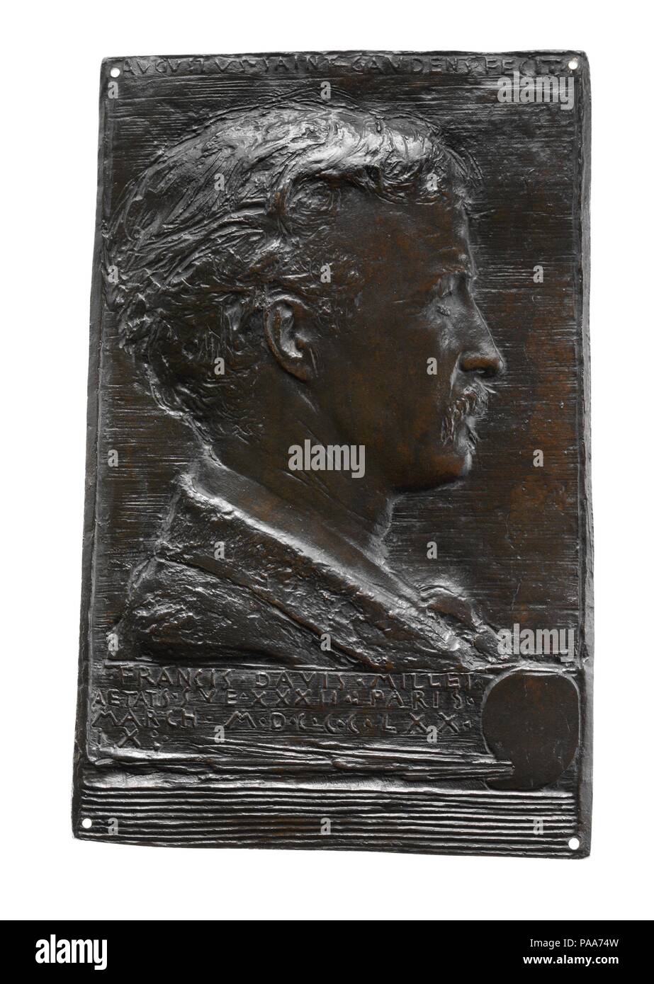 Francesco Davis Millet. Artista: Augustus Saint-Gaudens (American, Dublino 1848-1907 Cornish, New Hampshire). Dimensioni: 10 5/8 x 6 3/4 in. (27 x 17,1 cm). Data: 1879. Saint-Gaudens e Francis Davis Millet (1846-1912) ha viaggiato negli stessi ambienti artistici, la prima riunione a Roma nel 1873-74, e poi la pittura murales per Henry Hobson Richardson la Chiesa della Trinità a Boston nel 1876-77. Scultore e pittore/scrittore solidificata ulteriormente i loro legami di amicizia di Parigi e nel marzo 1879 Saint-Gaudens, insieme con Samuel Clemens, sorgeva in come testimoni a Millet matrimonio a Montmartre. Questo ritratto di t Foto Stock