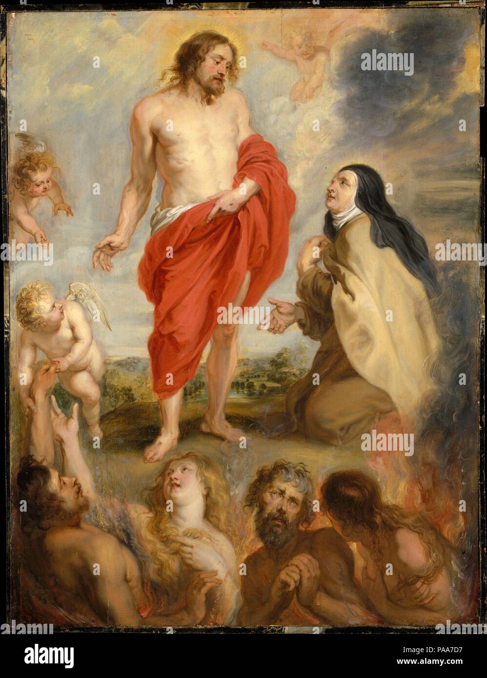 Santa Teresa di Avila intercede per le anime del purgatorio. Artista: Workshop di Peter Paul Rubens (fiammingo, Siegen 1577-1640 Anversa). Dimensioni: 25 1/4 x 19 1/4 in. (64,1 x 48,9 cm). La presente la pittura è una ridotta versione officina di una grande pala dipinta da Rubens circa 1630 al 1633 per la Chiesa dei Carmelitani Scalzi di Anversa. L'iscrizione su un incisione di Schelte un Bolswert dopo Rubens la pala si riferisce alla scena per la storia di Bernardino de Mendoza, un giovane spagnolo che aveva dato Santa Teresa la terra sulla quale costruire un convento. Bernardino morì prima che potesse essere b Foto Stock