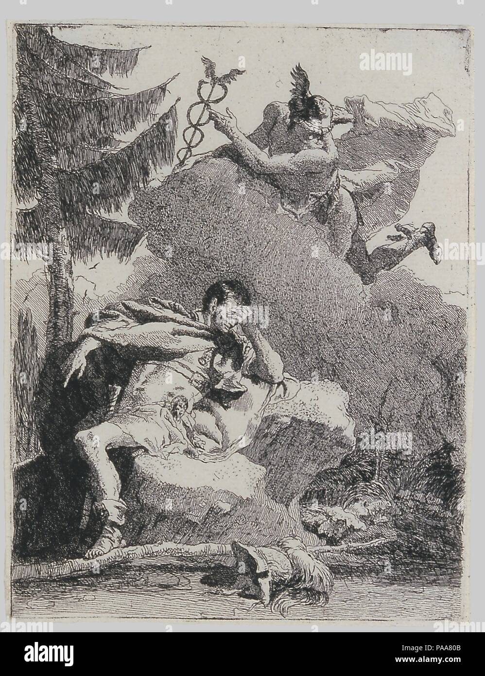 Il mercurio appare ad Enea in un sogno. Artista: Giovanni Domenico Tiepolo (Italiano, 1727-1804 Venezia Venezia); dopo Giovanni Battista Tiepolo (italiano, Venezia 1696-1770 Madrid). Dimensioni: piastra: 7 3/16 x 9 3/8 in. (18,2 x 23,8 cm) foglio: 9 9/16 x 7 5/16 in. (24,3 x 18,5 cm). Data: 1757. Museo: Metropolitan Museum of Art di New York, Stati Uniti d'America. Foto Stock