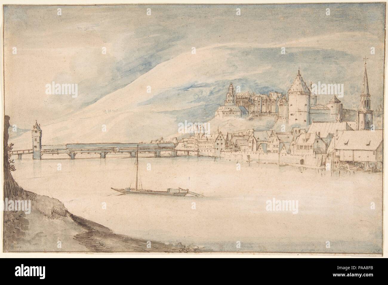 Vista di Heidelberg. Artista: Jan Brueghel il Vecchio (Netherlandish, Bruxelles 1568-1625 Anversa). Dimensioni: 7 7/8 x 12 in. (20,0 x 30,5 cm). Data: ca. 1588-89. Questo disegno il più presto conosciuto da Jan Brueghel il Vecchio, registra la città di Heidelberg vista da ovest attraverso il fiume Neckar. Il castello appare come era prima aggiunte sono state realizzate tra il 1590 e il 1592. Brueghel il bozzetto risale al 1588-89, quando l'artista ha viaggiato da Anversa a Italia, arrriving a Napoli nel 1590. La definizione di forme con una combinazione di brevi linee verticali in ammenda penna, che in luoghi sono bl Foto Stock