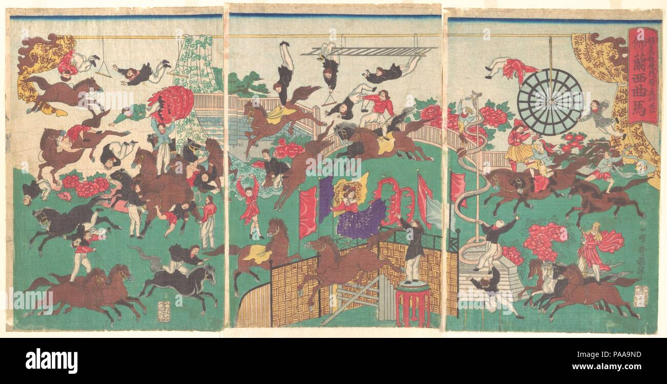 Il francese Circo equestre per motivi di Tempio di Asakusa Kannon (Tempio di Asakusa Kannon keidai ni oite kogyo tsukawashi soro-Furansu kyokuba). Artista: Utagawa Kuniteru (giapponese, 1830-1874). Cultura: il Giappone. Dimensioni: 14 1/8 x 28 13/16 in. (35,9 x 73,2 cm). Data: 1871. Museo: Metropolitan Museum of Art di New York, Stati Uniti d'America. Foto Stock