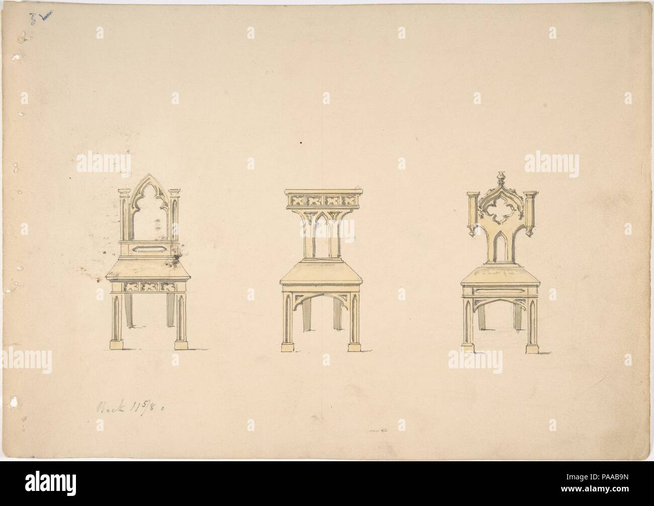 Design per tre in stile gotico con sedie in legno. Artista: Anonimo, britannici del XIX secolo. Dimensioni: foglio: 8 11/16 x 12 5/16 in. (22,1 x 31,2 cm). Data: inizio del XIX secolo. Museo: Metropolitan Museum of Art di New York, Stati Uniti d'America. Foto Stock