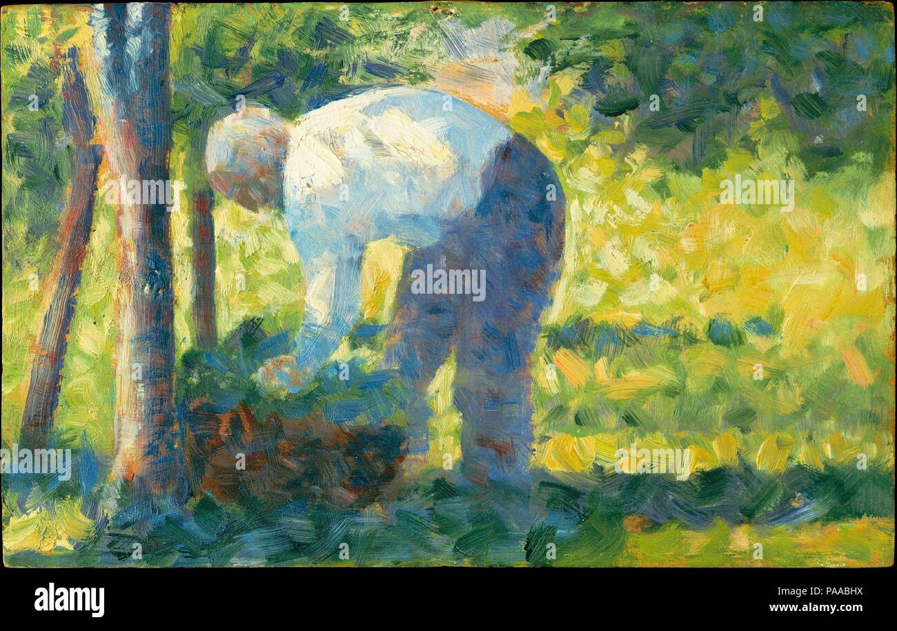 Il giardiniere. Artista: Georges Seurat (francese, Parigi Parigi 1859-1891). Dimensioni: 6 1/4 x 9 3/4 in. (15,9 x 24,8 cm). Data: 1882-83. Sebbene Seurat è meglio conosciuto per le sue scene di vita urbana, molti dei suoi dipinti di 1881-84 raffigurano lavoratori rurali e paesaggi. Inizialmente ha favorito una massa-tavolozza dai toni che ricordano il lavoro dei pittori precedenti della campagna, come Jean-François Millet. Tuttavia, le luminose sfumature di questa immagine riflettere Seurat il crescente interesse per le tecniche di impressionisti e la sua lettura di trattati di colore, specialmente l'Americano Ogden Rood <i>Chromati moderno Foto Stock