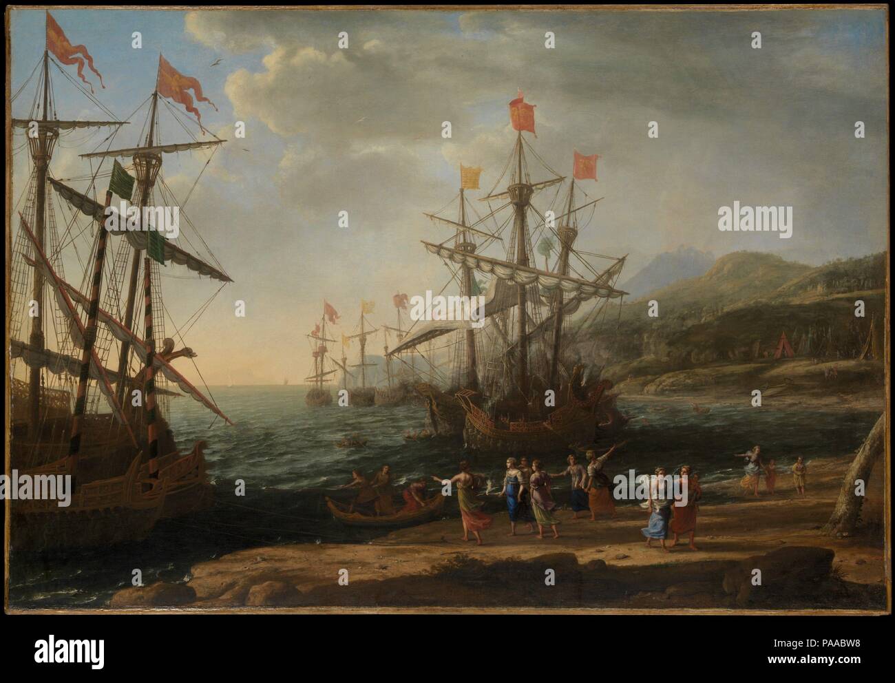 Il Trojan donne dare fuoco alla loro flotta. Artista: Claude Lorrain (Claude Gellée) (francese, Chamagne 1604/5?-1682 Roma). Dimensioni: 41 3/8 x 59 7/8 in. (105,1 x 152,3 cm). Data: ca. 1643. Le donne di Troia appiccato il fuoco alle loro navi nel tentativo di mettere fine ad anni di vagabondaggio dopo la caduta di Troia. Le nubi e pioggia nella distanza presagire la tempesta inviato da Giove a Enea è richiesta per estinguere la fiamma. Claude ha osservato nei suoi <i>Liber Veritatis</i> che il quadro fu dipinto a Roma per Girolamo Farnese. Il prelato ha imparato, che hanno restituito alla città nel 1643, deve avere scelto questo episodio da V Foto Stock