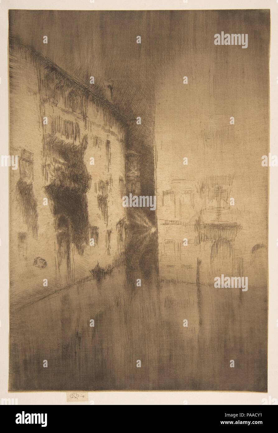 Nocturne: Palazzi. Artista: James McNeill Whistler (American, Lowell Massachusetts 1834-1903 Londra). Dimensioni: foglio: 11 1/2 × 7 13/16 in. (29,2 × 19,8 cm) Piastra: 11 1/2 × 7 13/16 in. (29,2 × 19,8 cm). Serie/Portfolio: Seconda serie di Venezia ("Una serie di incisioni Twenty-Six da James A. McN. Whistler', 1886). Data: 1879-80. Nocturne: Palazzi è uno dei luoghi più suggestivi di Whistler veneziano acqueforti. Un gas lanterna proietta raggi di luce nel buio di raccolta e agisce come un punto focale per una riunione delle pareti del palazzo, canali e una passerella velato dalla foschia atmosferica. Il delicato in presenza di striature o Foto Stock