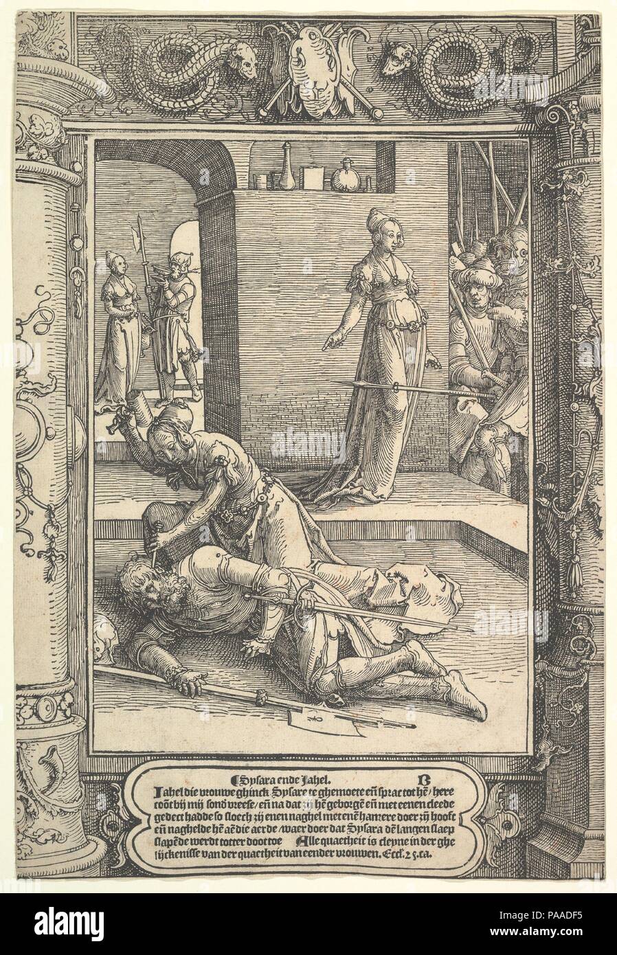 Giaele uccide Sisara, cornice ornamentale. Artista: Lucas van Leyden (Netherlandish, Leiden ca. 1494-1533 Leiden). Dimensioni: foglio: 13 1/2 x 9 1/8 in. (34,3 x 23,2 cm). Data: ca. 1517. Museo: Metropolitan Museum of Art di New York, Stati Uniti d'America. Foto Stock