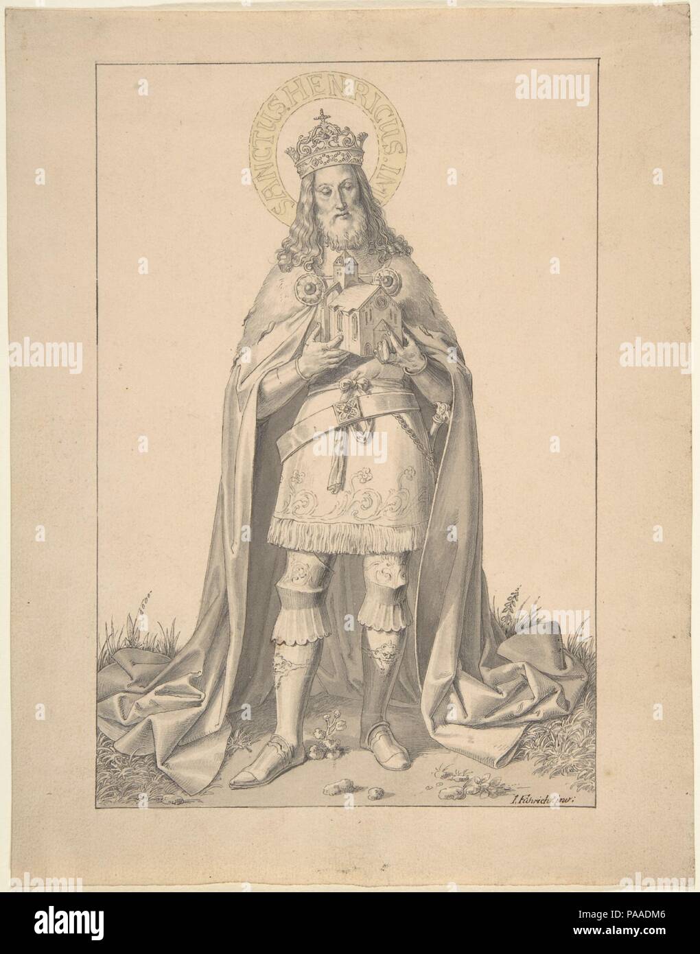 Saint Henry (l'imperatore Enrico II). Artista: Joseph von Führich (austriaco, Kratzau 1800-1876 Vienna). Dimensioni: foglio: 9 1/16 x 7 1/16 in. (23 x 18 cm). Data: 1800-1876. In minute linee penna e delicati tocchi di lavaggio, Enrico II, dominatore del Sacro Romano Impero da 1002 a 1024, è rappresentato con un modello della Cattedrale di Bamberga, che egli ha fondato. La sua nimbus, inscritto in latino 'Saint Henry l'imperatore,'refers per la sua canonizzazione; la sua corona, ermellino robe, e corazza consultare il suo potere come un righello secolare. Il disegno è un eccezionale esempio di stile più tardi di von Fühich, che nella sua gioventù aveva b Foto Stock