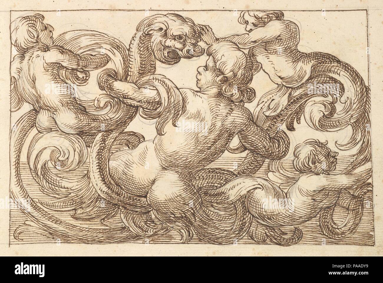 Pannello orizzontale con design ibrido di quattro figure maschili e di un fantastico creatura inframmezzato tra Rinceaux acanto. Artista: Anonimo, Italiano, veneziano del XVII secolo; nella maniera di Polifilo Giancarli (attivo a Venezia ca. 1600-1625). Dimensioni: foglio: 7 1/4 x 10 5/16 in. (18,4 x 26,2 cm). Data: xvii secolo (prima metà). Design per un pannello orizzontale con una figura maschile in medio, visto dal retro, il cui corpo inferiore consiste di rinceaux che si snodano attraverso la pagina. Egli guarda a sinistra in gli occhi di un fantastico creatura con Testa grottesca sgorga da uno dei rinc Foto Stock