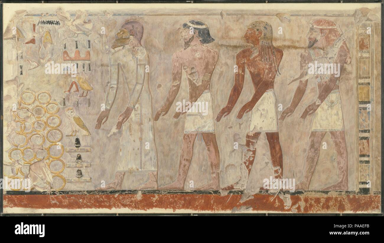 Quattro estera Chieftains, tomba di Puyemre. Artista: Norman de Garis Davies (1865-1941). Dimensioni: H. 52 cm (20 1/2 in); w. 95,5 cm (37 5/8 in) scala 1:1 incorniciato: h. 22.; w. 39 in.. Dynasty: Dynasty 18. Regno: Joint regno di Hatshepsut e Thutmosi III. Data: ca. 1479-1458 A.C. Questo facsimile pittura copie una processione di chiftains stranieri nella tomba di Puyemre (TT 39) a Tebe. Museo: Metropolitan Museum of Art di New York, Stati Uniti d'America. Foto Stock