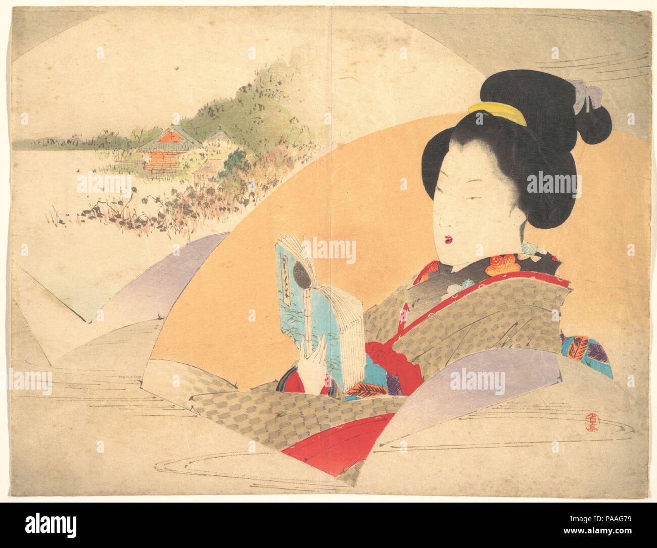 Bellezza guardando Shinobazu Pond', illustrazione da Bugei Kurabu (Club letterario). Artista: Watanabe Seitei (giapponese, 1851-1918) (?). Cultura: il Giappone. Dimensioni: 8 7/8 x 11 9/16 in. (22,5 x 29,4 cm). Data: ca. 1906. Museo: Metropolitan Museum of Art di New York, Stati Uniti d'America. Foto Stock