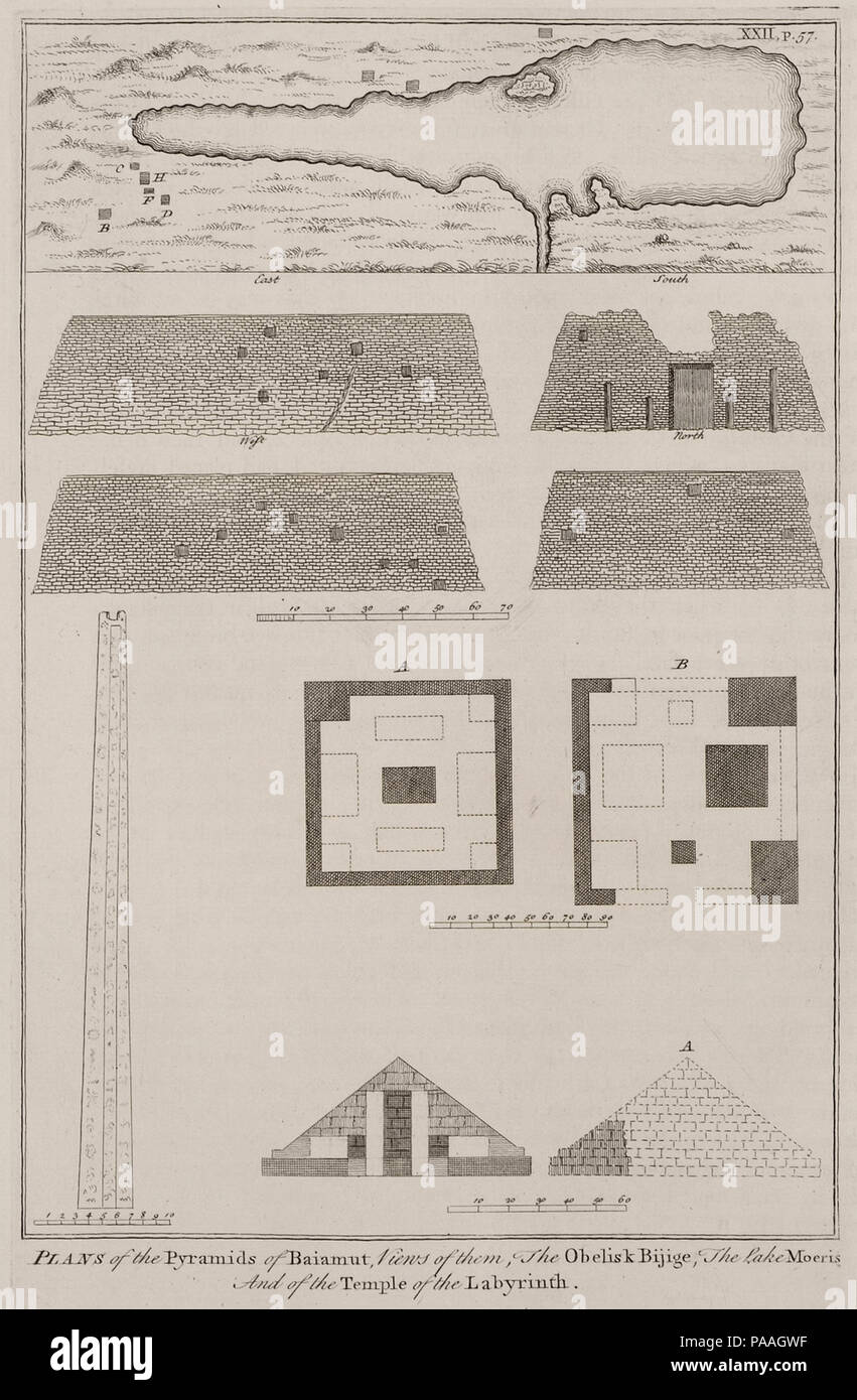 201 piani delle piramidi di Baiamut, vedute di loro, l'Obelisco Bijige, il lago Moeris piani del Tempio di Labyrint - Richard Pococke - 1743 Foto Stock