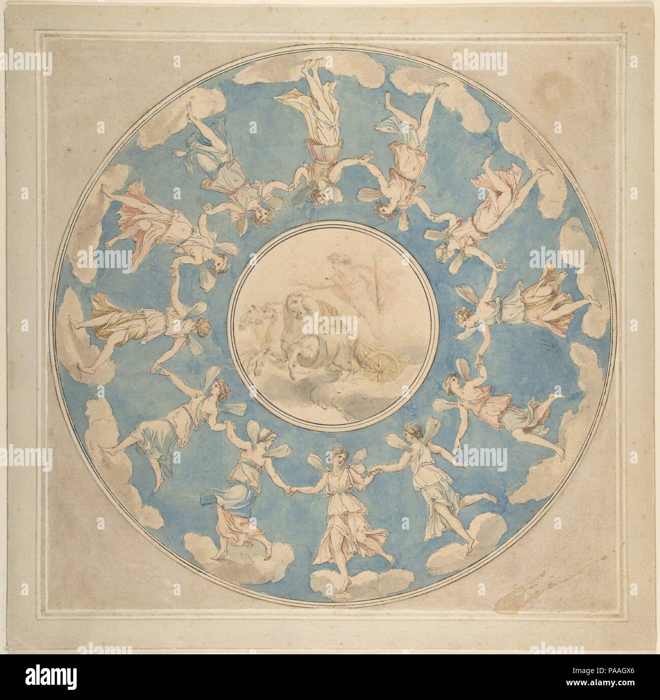 Design per soffitto: Apollo e le ore. Artista: Angelica Kauffmann (Swiss, Chur Roma 1741-1807). Dimensioni: immagine (diametro): 11 5/16 in. (28,8 cm) foglio: 12 7/8 x 12 15/16 in (32,7 x 32,8 cm). Ex attribuzione: precedentemente attribuito a Giovanni Battista Cipriani (italiano, Firenze 1727-1785 Hammersmith (attivo a Londra). Data: 1760-1807. Museo: Metropolitan Museum of Art di New York, Stati Uniti d'America. Foto Stock