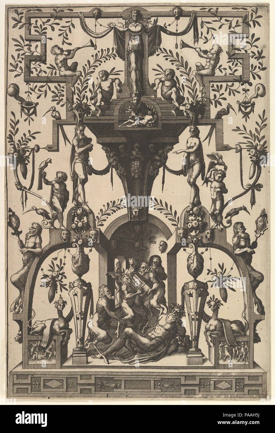 Decorazione superficiale, con grottesche Strapwork, compresa una nicchia della parete sotto una tettoia Strapwork, Bacchic scena di sotto da Veelderleij Veranderinghe van grotissen ende Compertimenten...Libro primo. Artista: Johannes van Doetecum il sambuco (Netherlandish, attivo 1554-ca. 1600, morto 1605); Lucas van Doetecum (Netherlandish, attivo 1554-72, morto prima del 1589); dopo Cornelis Floris II (Netherlandish, Anversa prima di Anversa 1514-1575). Dimensioni: foglio: 12 1/8 x 8 1/8 in. (30,8 x 20,7 cm). Data: 1556. Museo: Metropolitan Museum of Art di New York, Stati Uniti d'America. Foto Stock