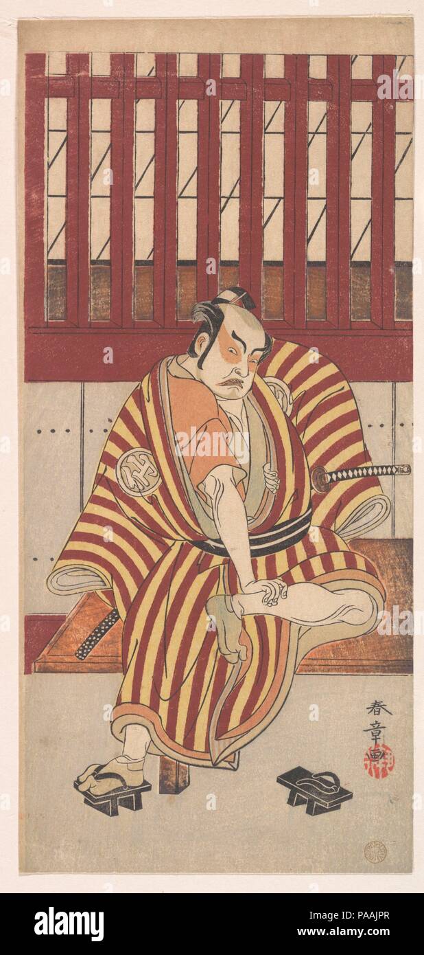 La seconda Nakamura Sukegoro come Otokodate seduto su una panca in legno. Artista: Katsukawa Shunsho (giapponese, 1726-1792). Cultura: il Giappone. Dimensioni: 12 5/8 x 5 13/16 in. (32,1 x 14,8 cm). Data: ca. 1771. Museo: Metropolitan Museum of Art di New York, Stati Uniti d'America. Foto Stock