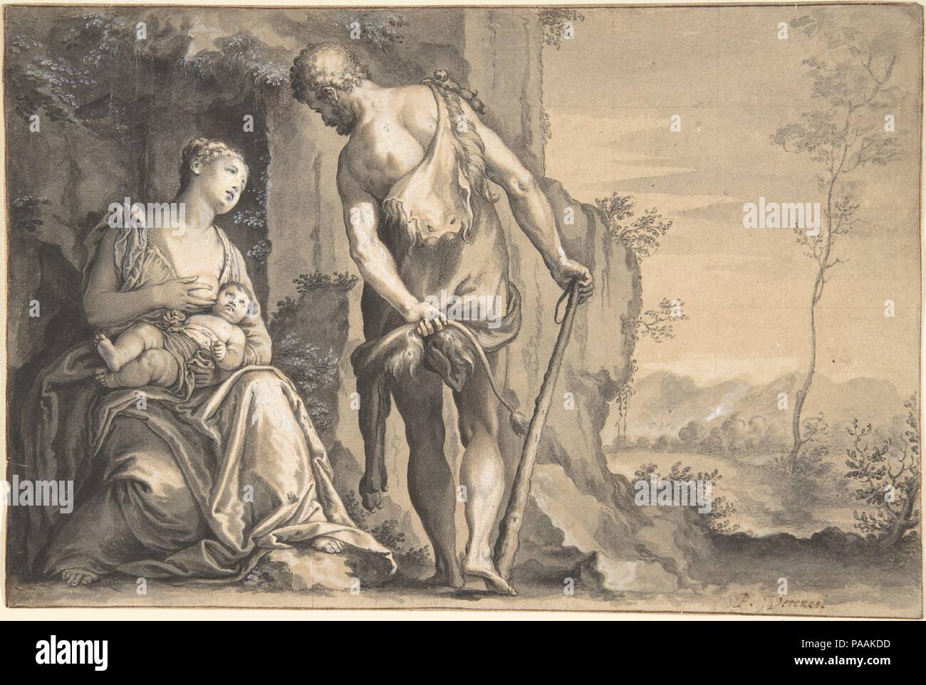 La famiglia di Caino. Artista: Dopo Paolo Veronese (Paolo Caliari) (italiano, Verona 1528-1588 Venezia); Peter Oliver (British, Londra, 1589/1594-1647 Isleworth, Middlesex). Dimensioni: foglio: 7 1/16 x 10 11/16 in. (18 x 27,1 cm). Data: ca. 1638-47. Peter Oliver, il leader del pittore in miniatura presso la corte di Carlo I, ha stabilito la sua reputazione con una serie di minute acquerello copie dopo i dipinti di antichi maestri nelle collezioni del re e dei suoi nobili. La famiglia di Caino riproduce un dipinto di Paolo Veronese (Museo del Prado di Madrid) presumibilmente in Inghilterra al momento. Nessun acquerello versi Foto Stock