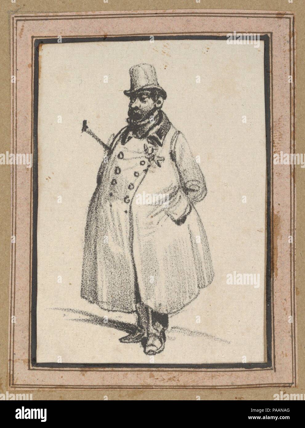 Uomo che indossa un cappotto e un cappello con una canna sotto il suo braccio. Artista: Victor Adam (Francese, 1801-1866). Dimensioni: foglio: 2 1/2 x 1 7/8 in. (6,4 × 4,8 cm) Montaggio: 12 5/16 x 18 1/16 in. (31,3 x 45,9 cm). Data: metà del XIX secolo. Museo: Metropolitan Museum of Art di New York, Stati Uniti d'America. Foto Stock